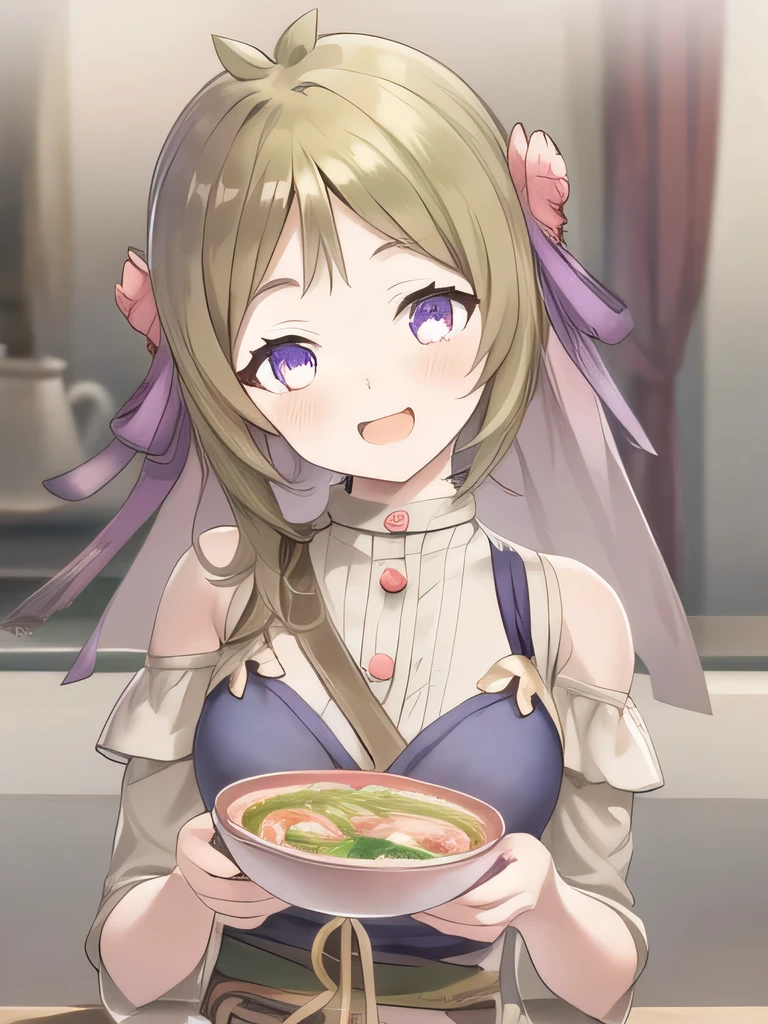 resleri flocke, flower, hair ornament, ribbon, ahoge, hair scarf, short hair, 1girl, solo, smile, looking at viewer, open mouth, blush, purple eyes, head tilt, upper body、Eating ramen