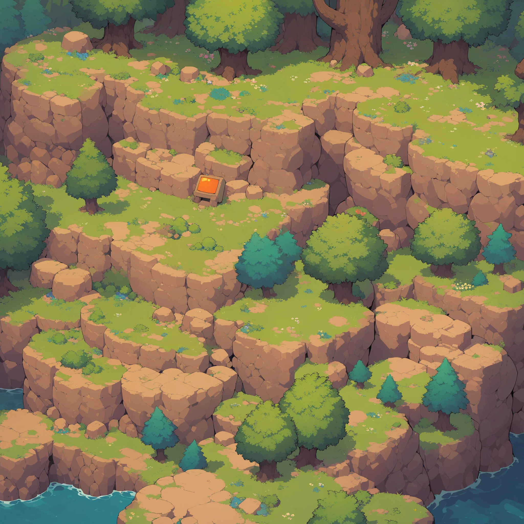 retro video game style,pixelated graphics,vibrant colors,8-bit characters,blocky shapes,sharp lines,detailed shading,classic gaming vibe,nostalgic atmosphere,classic arcade games,masterpiece:1.2,ultra-detailed,illustration style, 2d texture, clay texture, stone texture, 4 k seamless mud texture, video game texture, dirt texture, clay material, flat texture, grass, trees, rock texture, rocky ground, forest, topdown view, game texture, background art, ground very detailed, dirt, floor texture, tileable texture, flowers, bushes, shrubs, intricate ground stone, top down view, 3/4th perspective