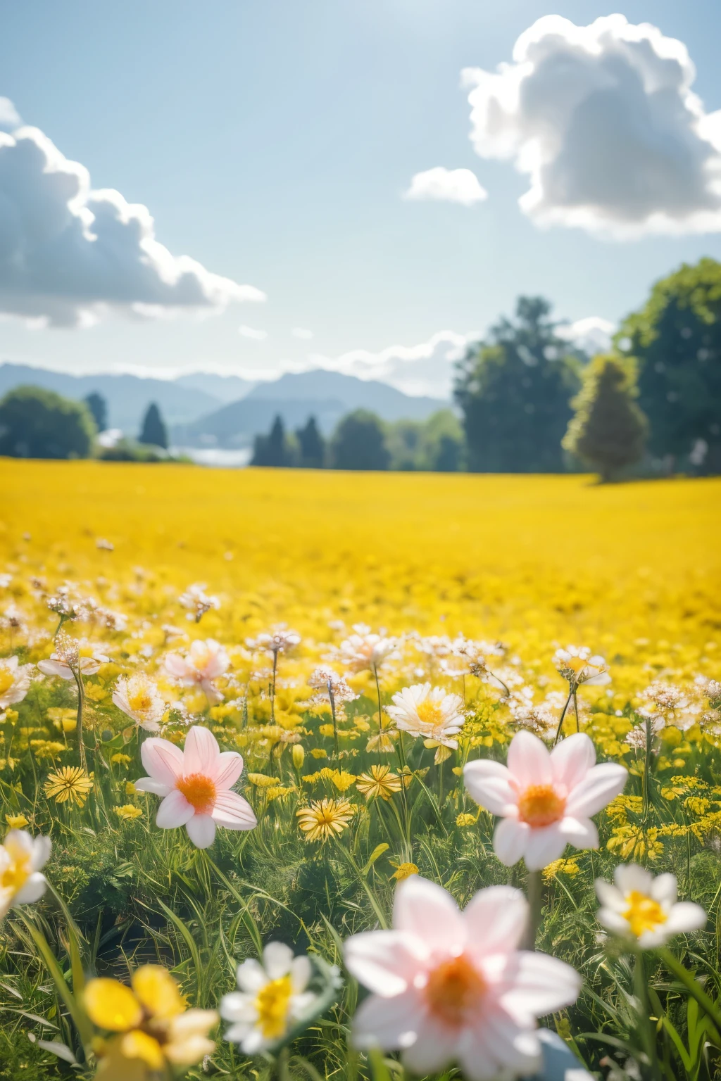 Transparent glass flowers,outdoor scenes,flower sea,yellow flowers,pink flowers,dream scenes,depth of field,masterpiece,HD details,wallpaper,3D art,C4D,OC rendering,surrealism,YUNY,white flower,chahua,