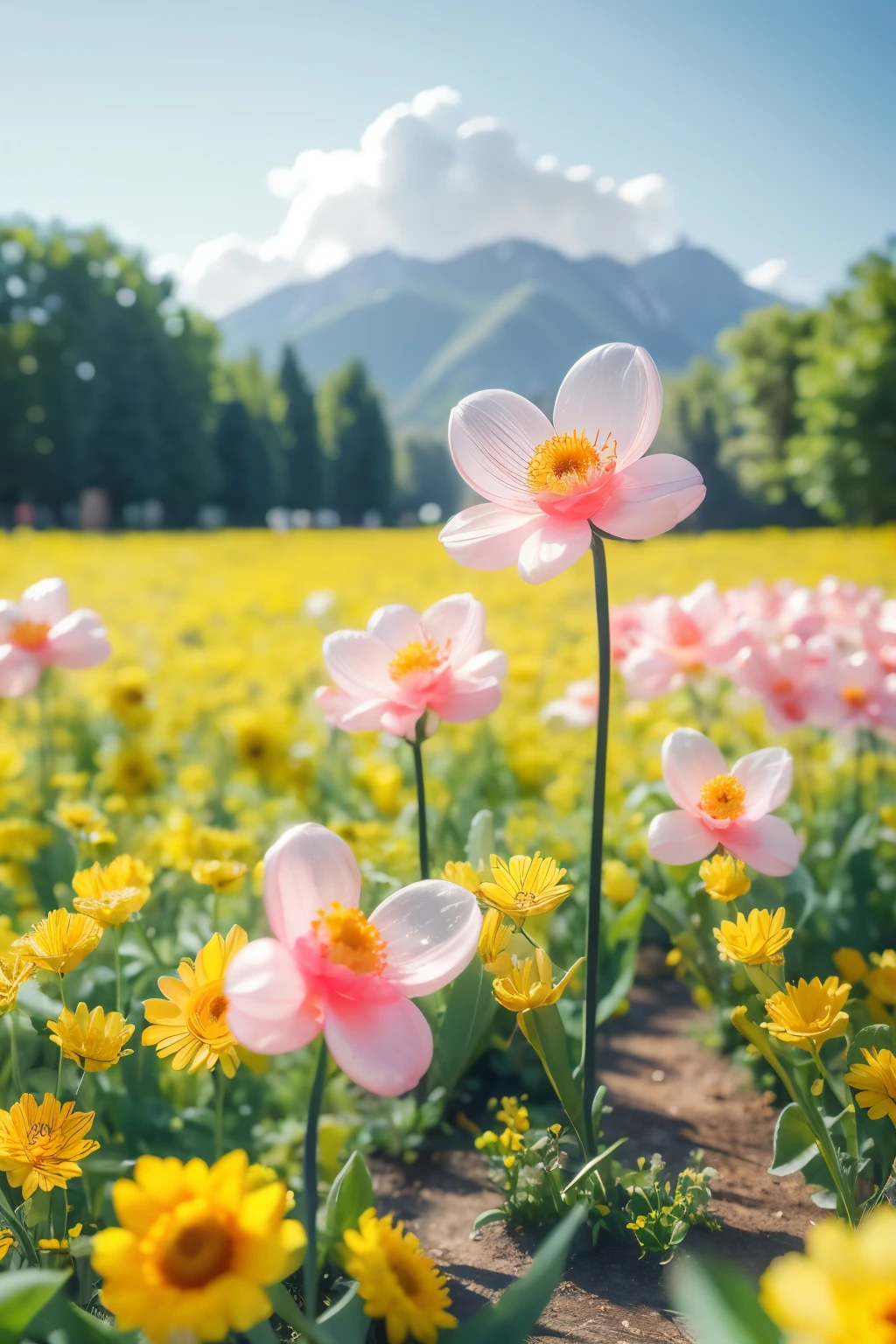 Transparent glass flowers,outdoor scenes,flower sea,yellow flowers,pink flowers,dream scenes,depth of field,masterpiece,HD details,wallpaper,3D art,C4D,OC rendering,surrealism,YUNY,white flower,chahua,