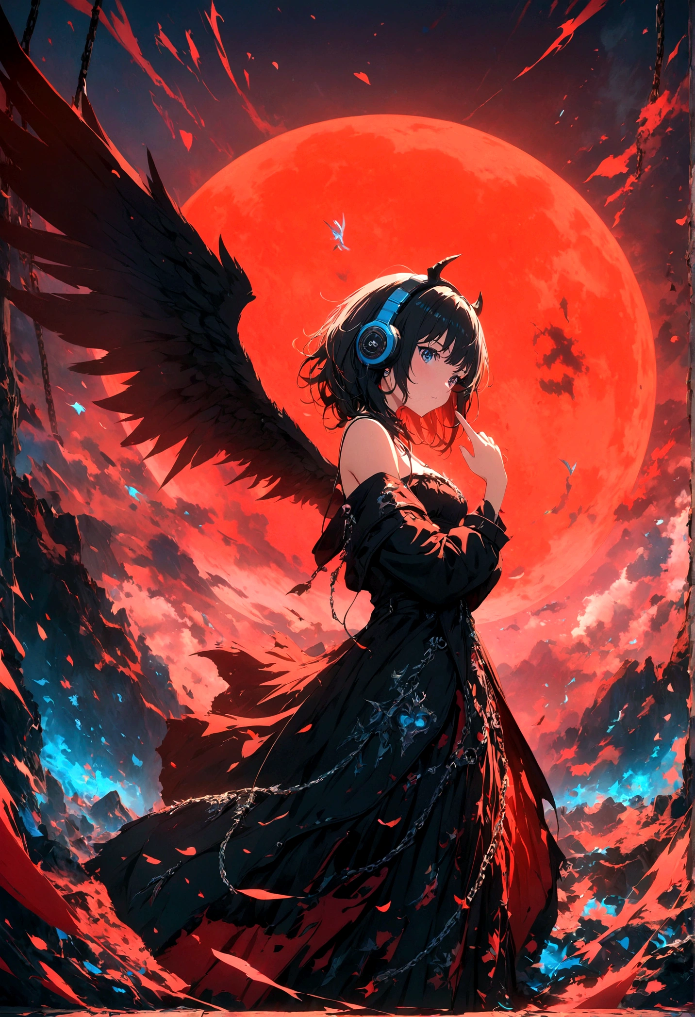 4k anime wallpaper, 4k anime wallpaper, Anime Art Wallpapers 8K, 4K Anime Style, anime art wallpaper 4k, anime art wallpaper 4k, 4k anime wallpaper, Eugeo Art, Detailed digital anime art, ((masterpiece, highest quality)), (Complex Light), Perfect hands, Normal finger, Hyper Detail, Bright colors.Fantasy manga style demon beautiful girl, silver hair, short, headphones, half wearing dark long coat, off the shoulder, black wings, chain, red moon, otherworldly painting.