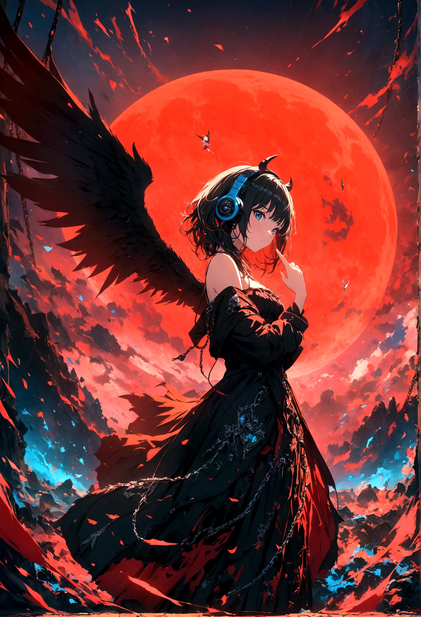 4k anime wallpaper, 4k anime wallpaper, Anime Art Wallpapers 8K, 4K Anime Style, anime art wallpaper 4k, anime art wallpaper 4k, 4k anime wallpaper, Eugeo Art, Detailed digital anime art, ((masterpiece, highest quality)), (Complex Light), Perfect hands, Normal finger, Hyper Detail, Bright colors.Fantasy manga style demon beautiful girl, silver hair, short, headphones, half wearing dark long coat, off the shoulder, black wings, chain, red moon, otherworldly painting.