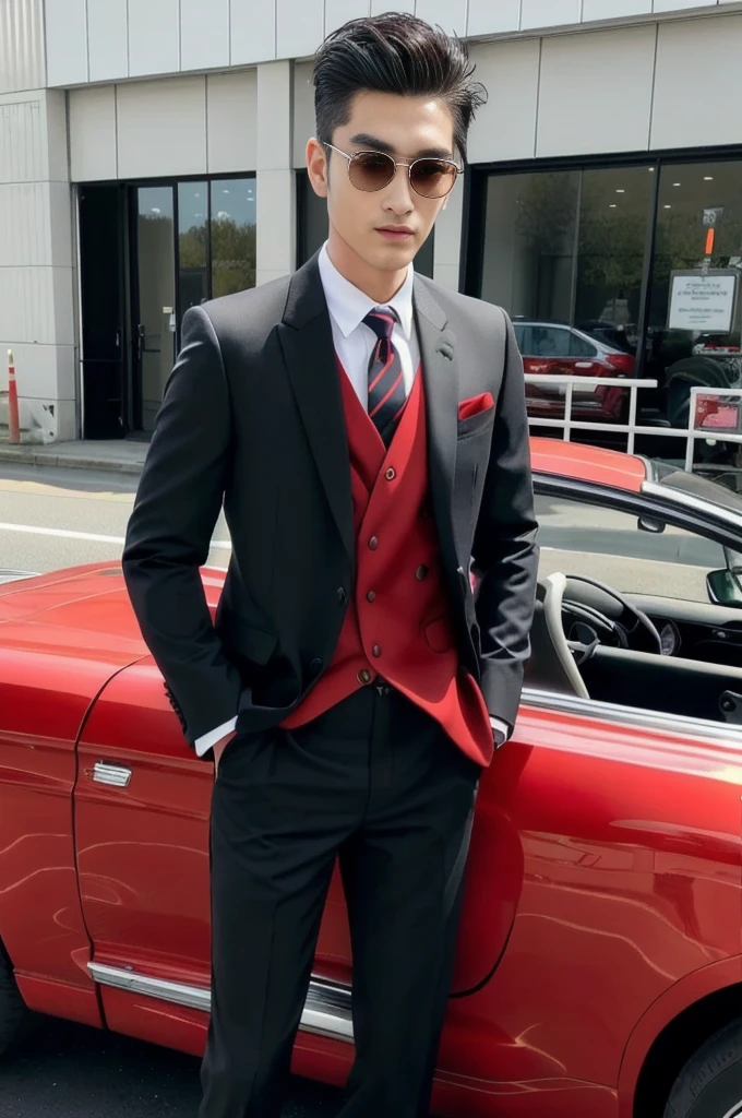 Agricultural man cuts his hair short and cropped, Wearing a suit and tie standing on the road, Very handsome, very realistic, highly realistic detailed face, realistic detailed face, One realistic face, With a very detailed face., Male characters, 3D demoreal avatar, Faces with realistic details, Realistic art style, 8k highly detailed face, Goku, a realistic human, Realistic perfect face, เกมซีจีred suit, wearing a black and red suit, red suitและสีดำ, black and red tuxedo, red tie, Wear a red formal dress, red suit, Wear a suit and tie., Wear a suit and tie., wear a fashion suit, black luxury suit, High quality suit