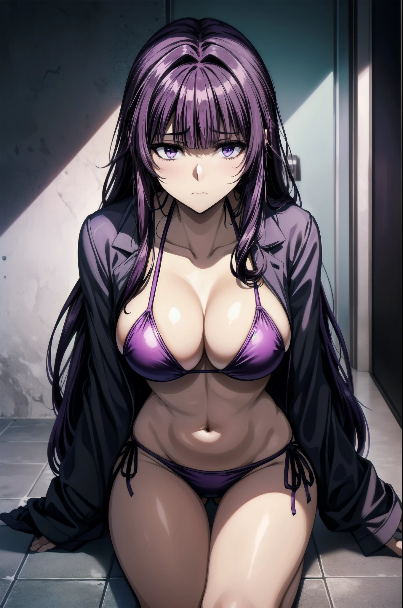 purple hair,,long hairpurple eyes,(((bikini,)))(disgust,looking disgusted, abhore)
