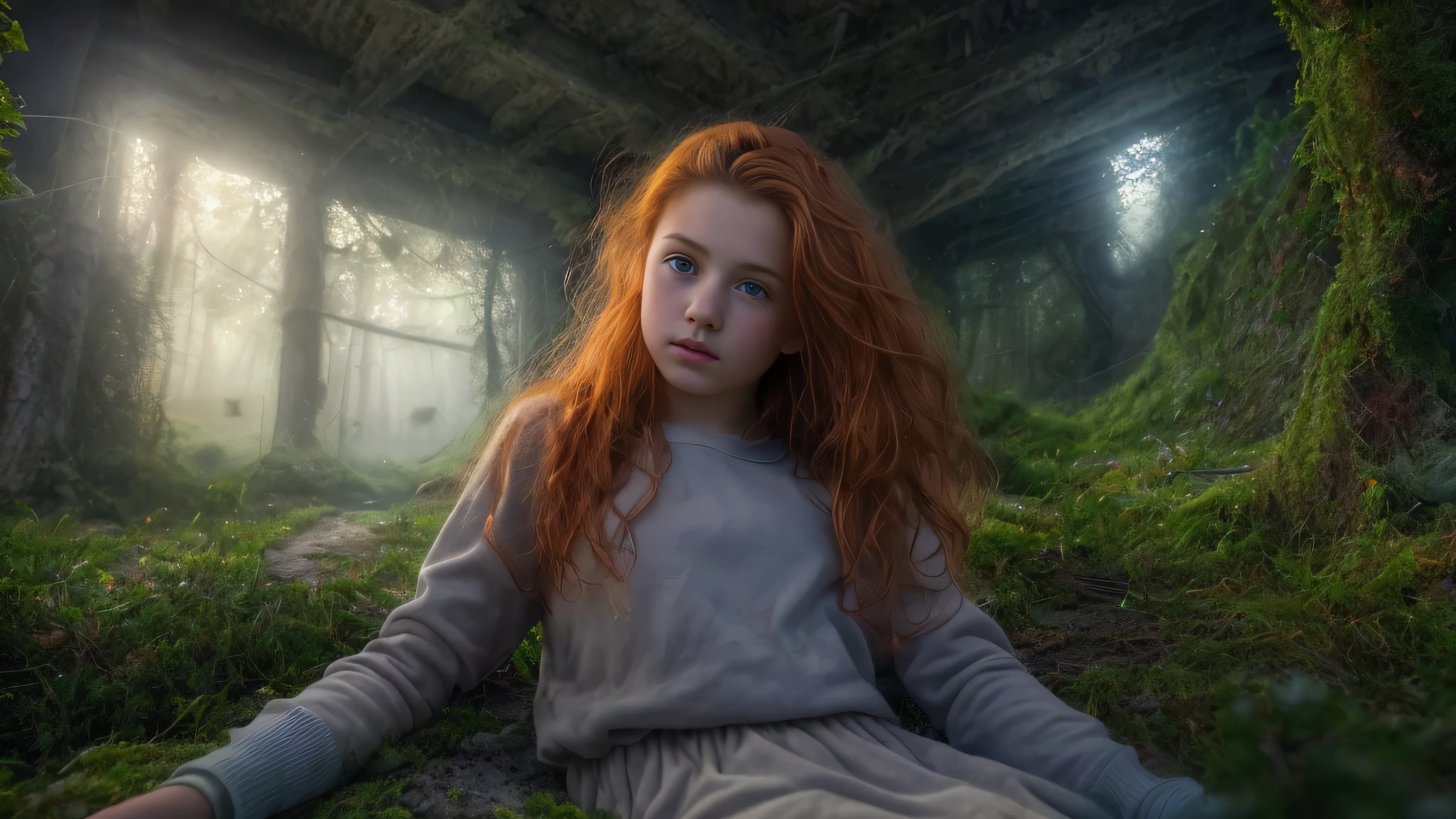 (Laia Manzanares teen, ginger hair, 13 years old with spread legs:1.5), (long, messy hair:1.3), blue eyes,  (fireflies:1.4) detailed eyes, detailed lips, (lies nude, sensual, full body:1.5), (photo from many different angles:1.5), (creepy and scary indoor place, abandoned with fog and fog, snow, green moss: 1.3), low neck, ray tracing, (best quality, 4k, 8k, high resolution, masterpiece:1.2), very detailed, (realistic , photorealistic, photorealistic :1.37), HDR, UHD, masterpiece, professional, vivid colors, bokeh, studio lighting