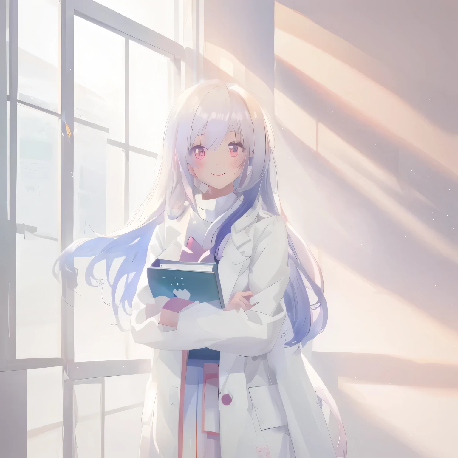 anime A girl in a white coat is standing by the window with a book in her hand., anime moe artstyle, anime. Soft lighting, smooth anime cg art, painted in anime painter studio, anime visual of a cute girl, realistic anime 3 d style, made with anime painter studio, anime lighting, photorealistic anime, anime style 4 k, young anime girl, High quality portrait Character is smiling brightly with a joyful expression. Character is in a happy pose.White background