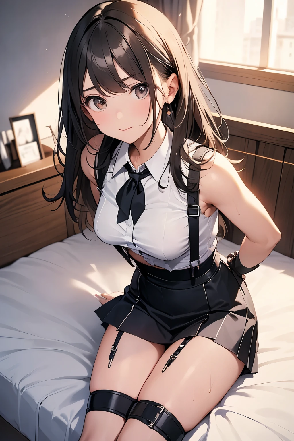 Gazing at the audience Black suspenders bulging big breasts wall mini skirt garterbelt garter vision Small face holster Beautiful woman Show me your hands Lying in bed vision Taunt ~ side ~ side汗 arm belt summer Armpit sweat