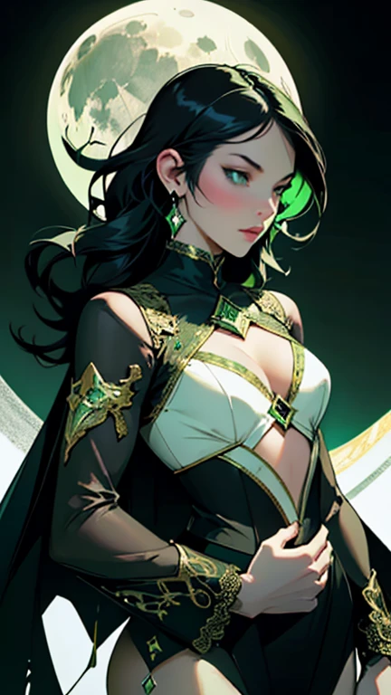 lacy ecliptical fractals, black and white and emerald green, metallic gold foil, eclipse of the moon, grungy, constructivist glitch art