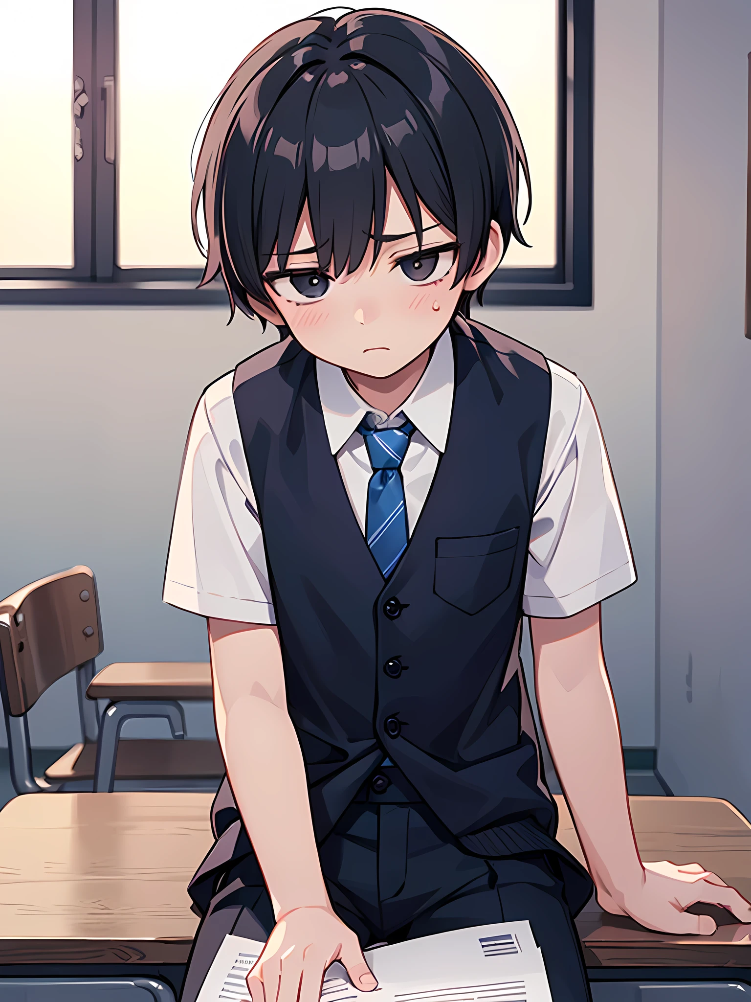 ((Masterpiece, best quality, high quality)), very detailed CG uniform 8k wallpaper, very detailed, very detailed background, classroom, windows, sunlight, detailed eyes, sunlight, shiny hair, shiny skin, ((1boy)), high school, black hair, black eyes, ((depressed)), cold expression, gloomy, white shirt, blue vest, tie, sitting at the desk, doing nothing