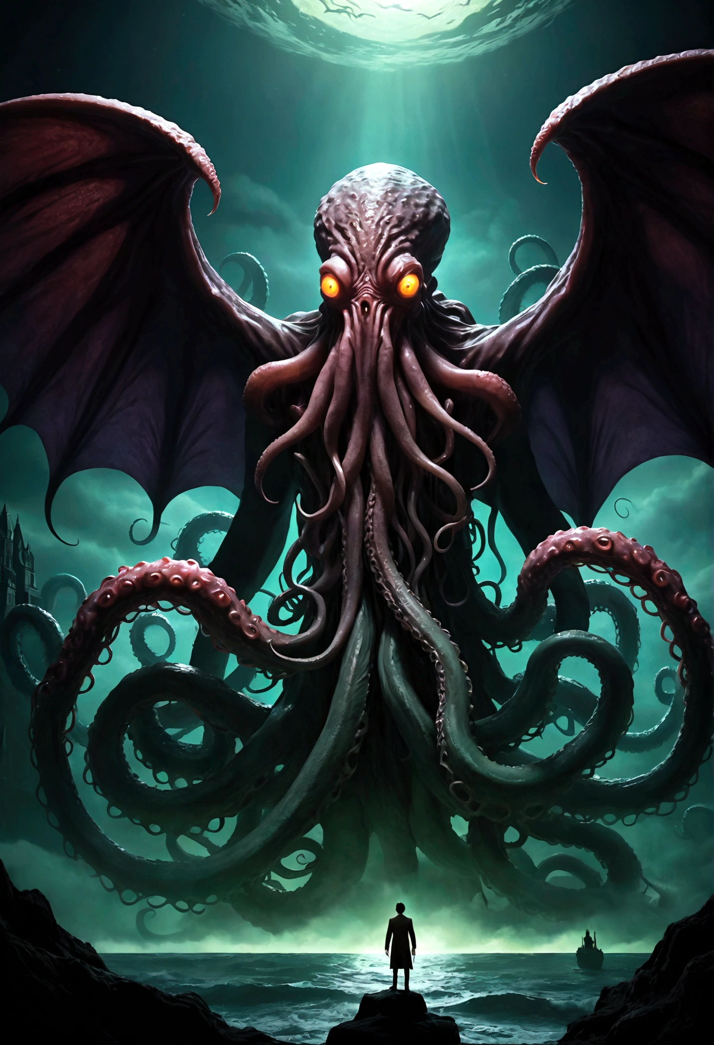 1boy, Cthulhu, The Call of Cthulhu, eldritch horror, old god, dark fantasy, cosmic horror, creature, monster, tentacles, wings, glowing eyes, detailed anatomy, unspeakable abomination, nightmarish, twisted, grotesque, surreal, dark colors, moody lighting, cinematic composition, dramatic camera angle, chiaroscuro, dark ambiance, shadowy depths, otherworldly, H.P. Lovecraft, 8k, highres, ultra-detailed, masterpiece, best quality, very aesthetic, absurdres