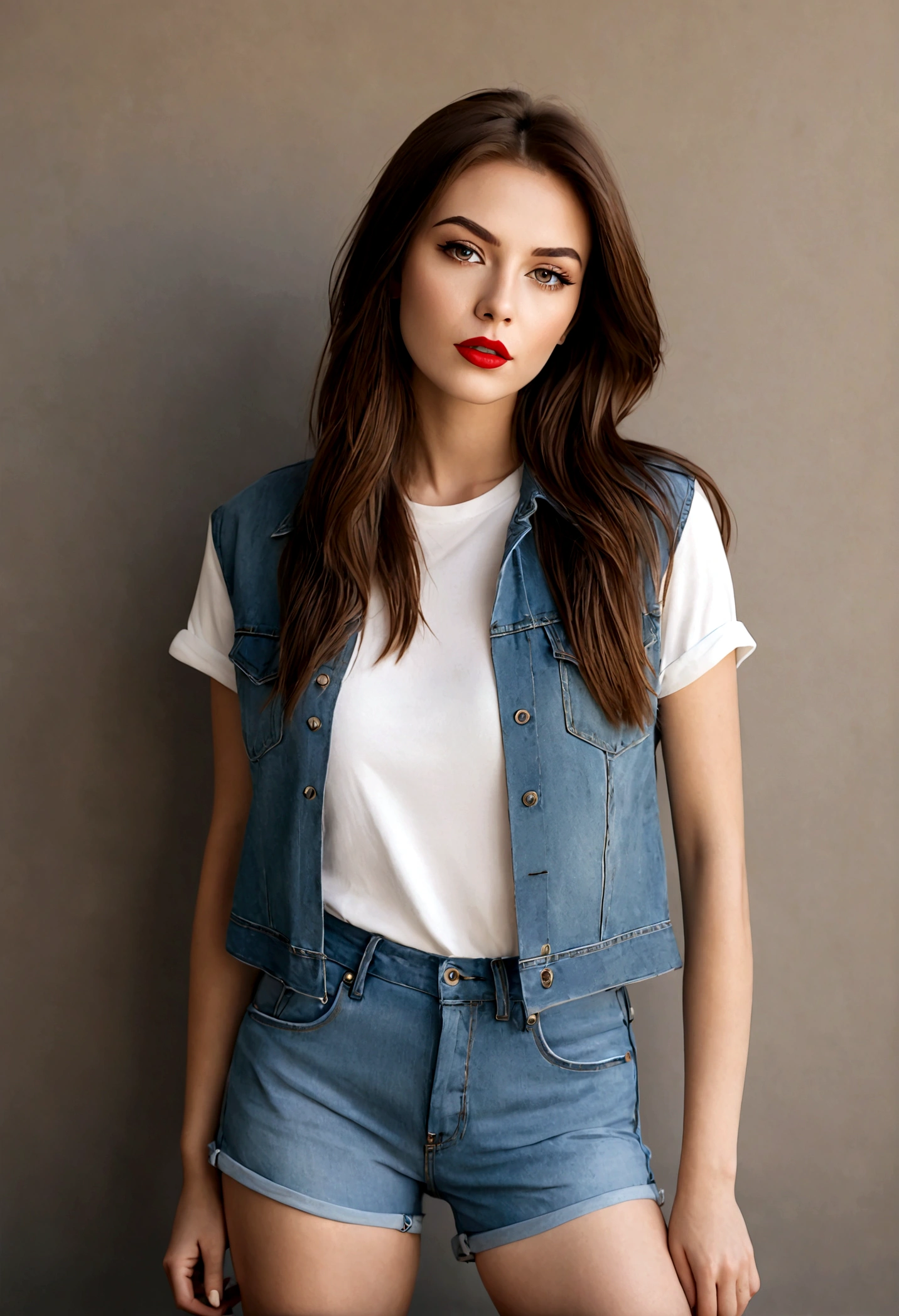 A stunning woman with fair skin and long, straight brown hair, she is from the front, doing a photoshoot, dressed in denim shorts and a top and white sneakers, she wears makeup and red lipstick.