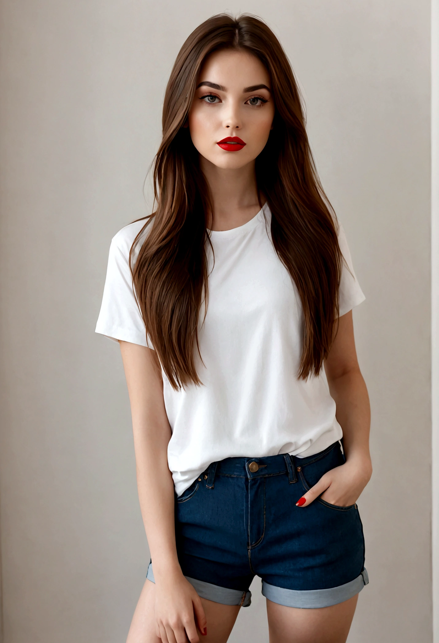 A stunning woman with fair skin and long, straight brown hair, she is from the front, doing a photoshoot, dressed in denim shorts and a top and white sneakers, she wears makeup and red lipstick.