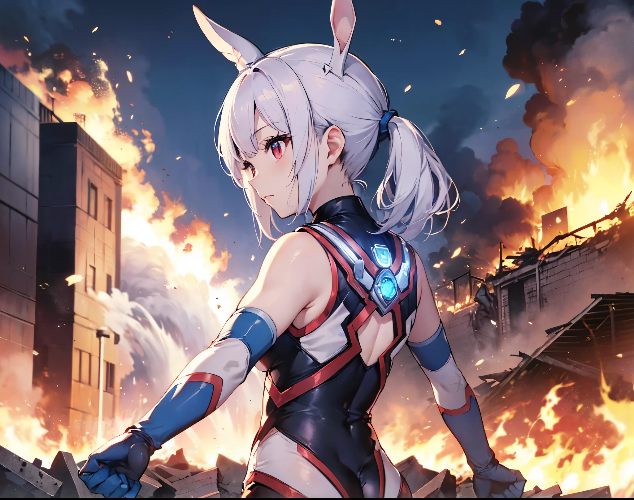 (Close-up:1.3),Realistic,highest quality, Ultra Detail, High-quality CG rendering, The most delicate and beautiful, Floating softly, High resolution, (1 giant girl), (Highest quality,4K,8K,masterpiece:1.2) ,Light purple hair,Rabbit,Bunny ears,ponytail,Red eyes,(Ultra Girl:1.0),(All blue Ultraman bodysuit:1.4),(All blue gloves:1.3), (Clenched Fist:1.2),A city engulfed in flames,(Building engulfed in flames:1.3),(Ruins engulfed in flames:1.3),(Upper Body:1.3),(Turn your back to your audience:1.3),Butt