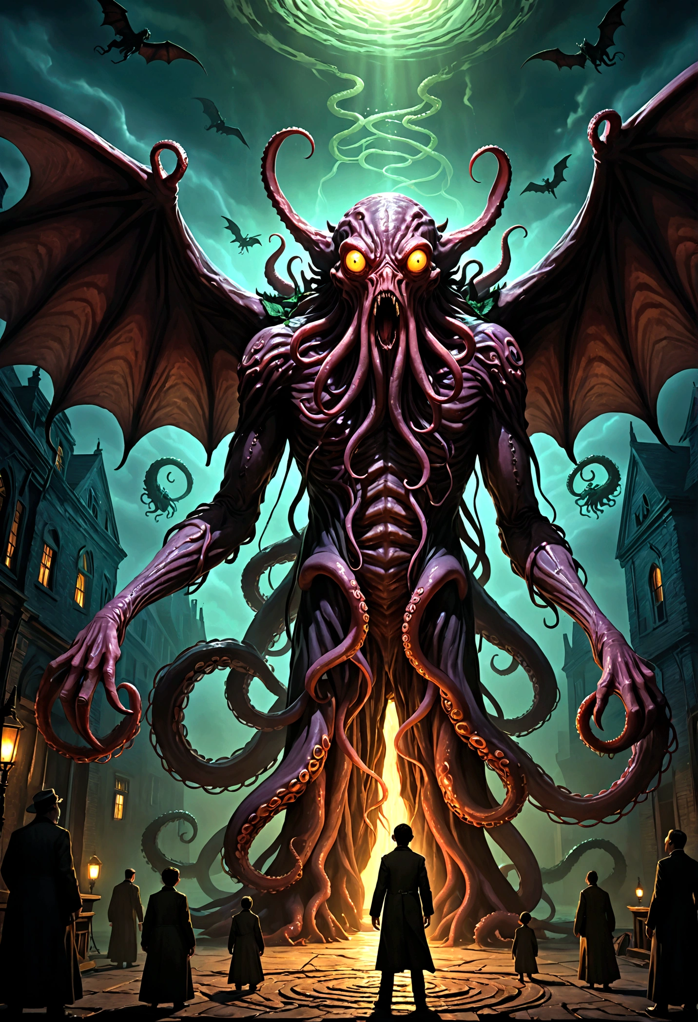 1boy, Cthulhu, The Call of Cthulhu, eldritch horror, old god, dark fantasy, cosmic horror, creature, monster, tentacles, wings, glowing eyes, detailed anatomy, unspeakable abomination, nightmarish, twisted, grotesque, surreal, dark colors, moody lighting, cinematic composition, dramatic camera angle, chiaroscuro, dark ambiance, shadowy depths, otherworldly, H.P. Lovecraft, 8k, highres, ultra-detailed, masterpiece, best quality, very aesthetic, absurdres