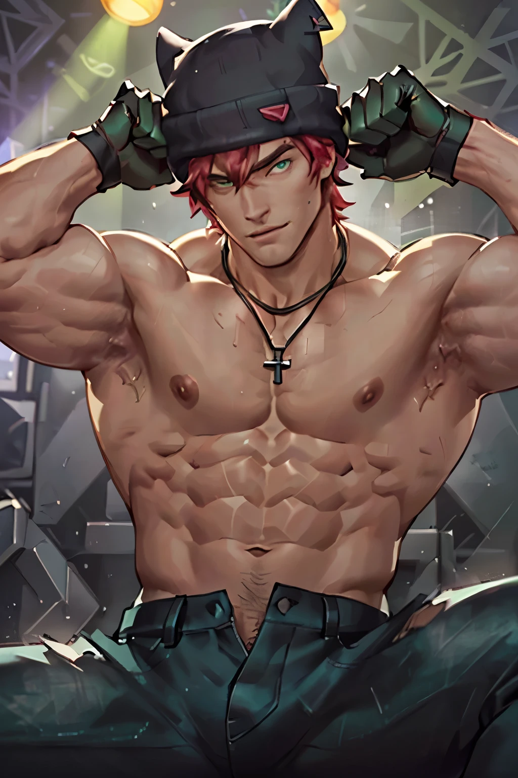 ((the best quality)), ((Masterpiece)), (details), perfect face, high definition, Masterpiece,4k,details clearly, Handsome face, white skin, perfect body, male body, strong muscles, abdomen, Green eyes, white skin, The most handsome man in the world, handsome, The coolest face, Male characters, close image (1man, shirtless), young man, Extremely muscular tall man, open your eyes ((detailed eyes)), huge, muscular body and Massive, bulging pecs, muscular abs, narrow waist, short hair, delicate big eyes, carefree expression, clear face, handsome (detailed face, perfect face) ((extremely realistic shadows, bodybuilding posture, human, V shape, Shirtless, lower pants, topless, close up look, CG sense, Textured skin, the best quality, Storytelling images, lower your pants, show Panty line, Show your abs, show arm muscle, Red hair, shining Green eyes, eyes contact, Stage light, Black tight pants, Cool necklace, black gloves, wool hat