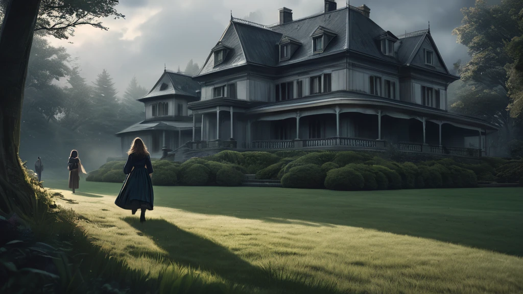 a family in a vast lawn in front of a luxurious house, blurred faces, horror, anime style, father, mother, older brother, younger sister, (best quality,4k,8k,highres,masterpiece:1.2),ultra-detailed,(realistic,photorealistic,photo-realistic:1.37),intricate details, moody lighting, dramatic atmosphere, cinematic composition, eerie mood, dark fantasy