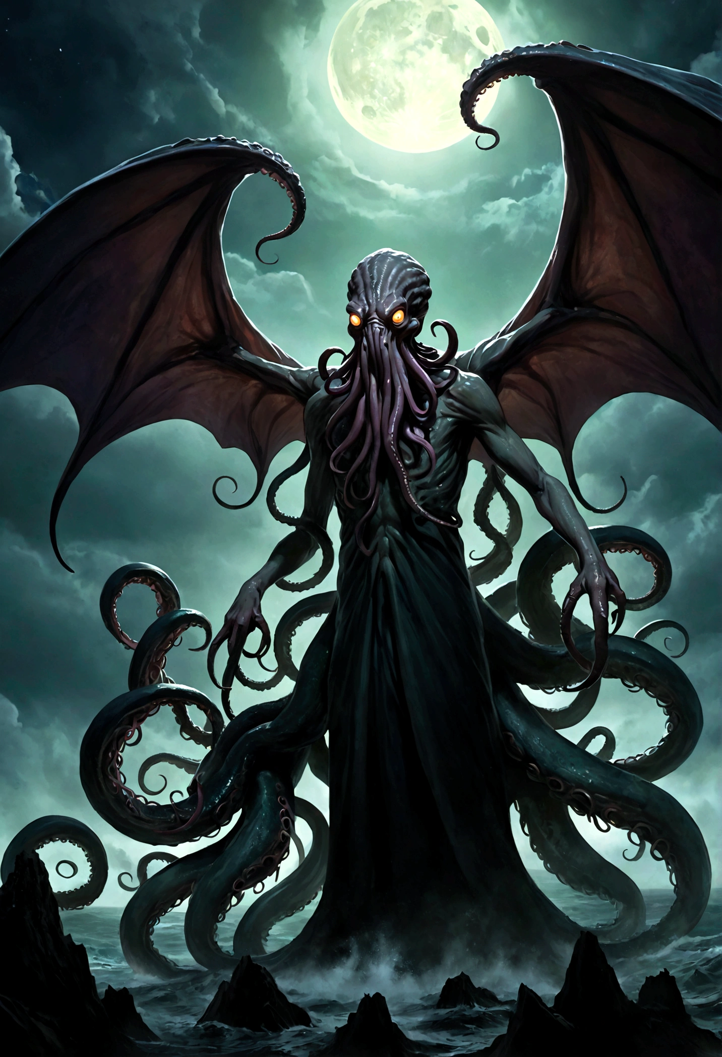 1boy, Cthulhu, The Call of Cthulhu, eldritch horror, old god, dark fantasy, cosmic horror, creature, monster, tentacles, wings, glowing eyes, detailed anatomy, unspeakable abomination, nightmarish, twisted, grotesque, surreal, dark colors, moody lighting, cinematic composition, dramatic camera angle, chiaroscuro, dark ambiance, shadowy depths, otherworldly, H.P. Lovecraft, 8k, highres, ultra-detailed, masterpiece, best quality, very aesthetic, absurdres