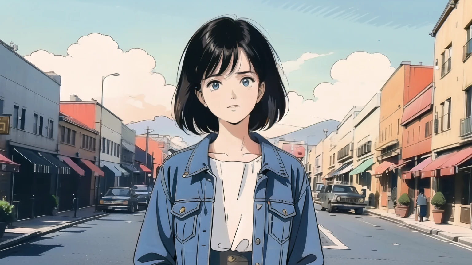 ((1980s_style)), naked, One girl, Upper Body, Black Short Hair, good, Denim shorts, Are standing, (Outdoor, Cityscape, building, street, blue sky, cloud), (Cowboy Shot),(masterpiece, high quality, 最high quality), (colorful),(Delicate eyes and face), Volumetric Light, Ray Tracing, Highly detailed CG Unity 8k wallpaper, alone.