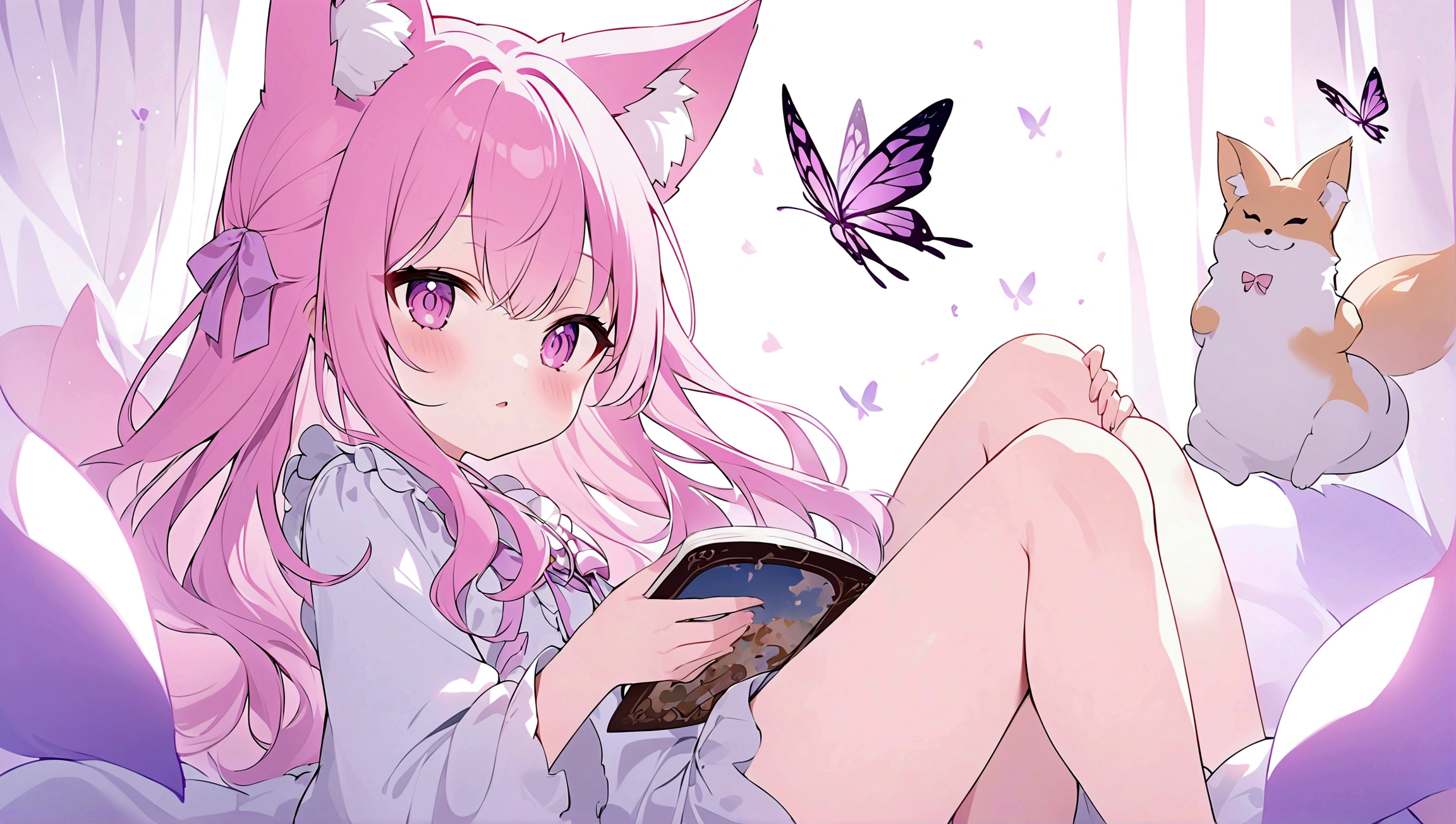 pink violet hair,fox ear,Pink, purple and white clothes,Cute sweet girl,butterflys