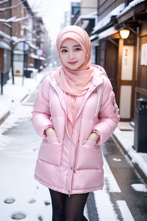 Best quality, 4K, 8K, Detailed faces,fully body photo, Clear face, Japanese muslim girl, 21 years old girl, Pasmina hijab, Pink hijab, perfect body figure, Long slim legs, Long down jacket with hood, White jacket, snowy Tokyo landscape, the street