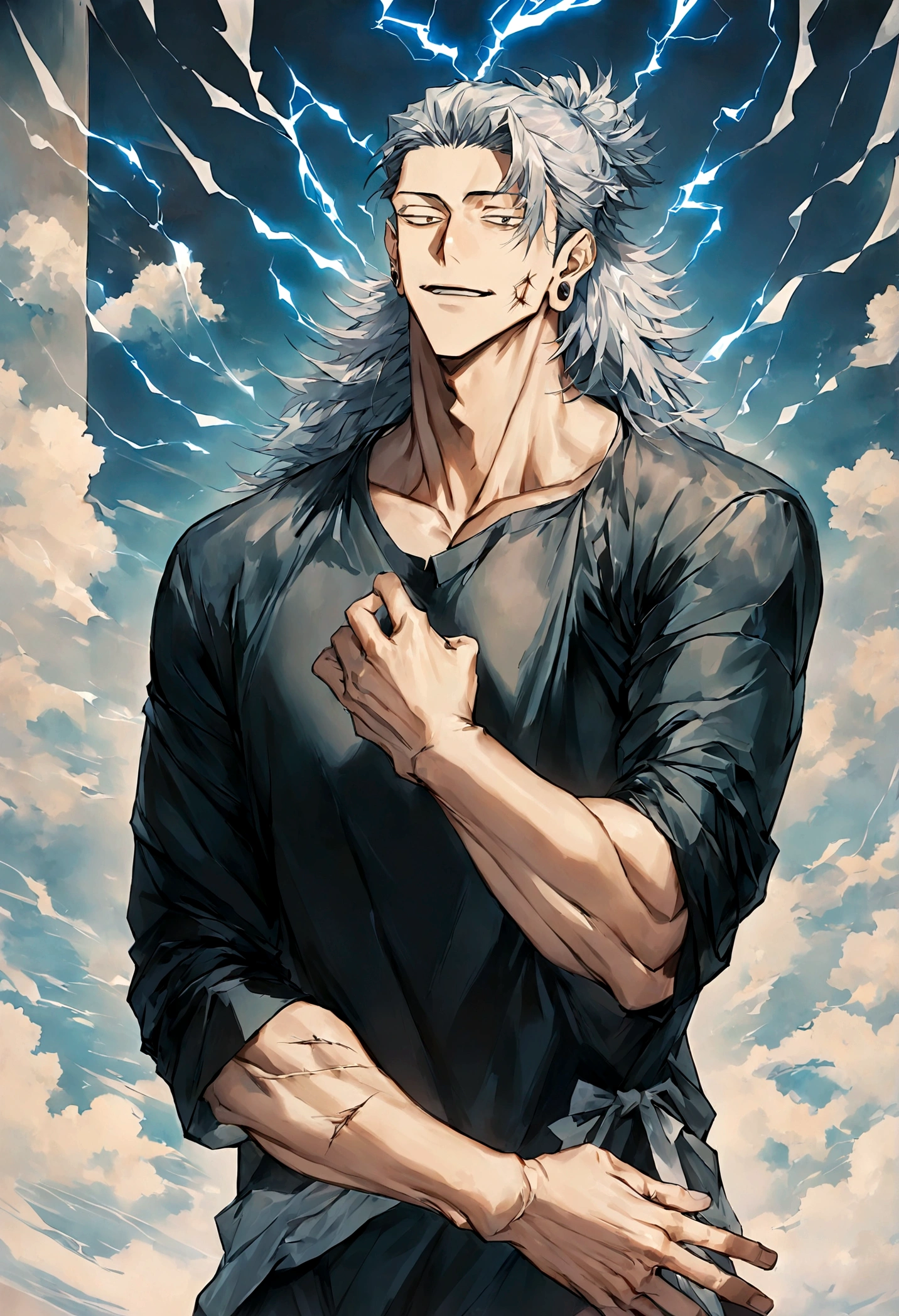 1 boy, Men&#39;s Center, Satoru gojou,Jujutsu Kaisen、Injury, electricity,, masterpiece, highest quality, so beautiful,、cool、、strongest、