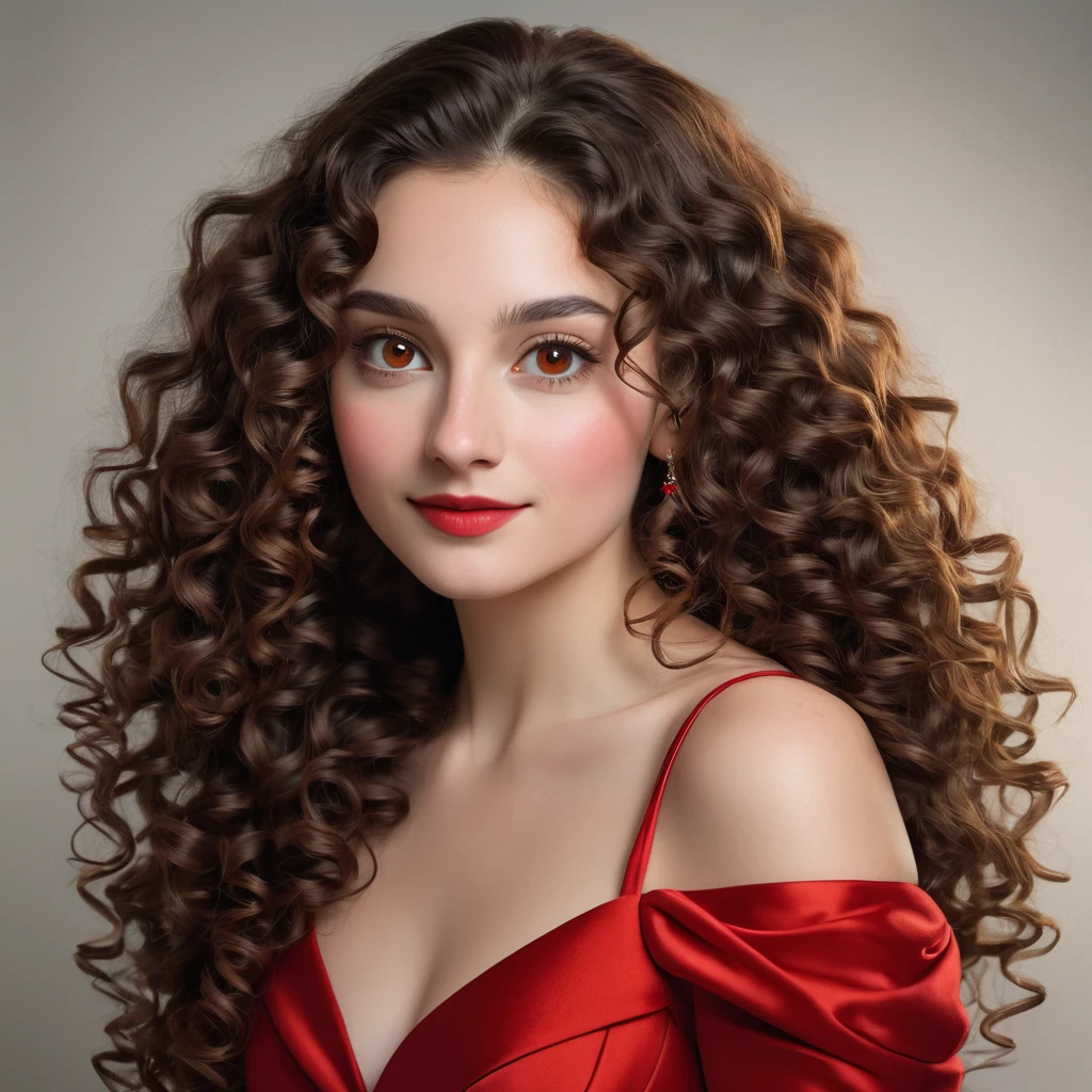[white-skinned woman:1.2, long curly hair:1.2, elegant red dress, snub-nosed, bright brown eyes], portrait)