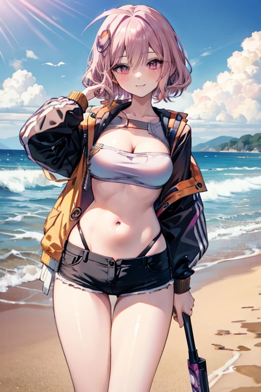 A pink haired female reaper with violet eyes and an hourglass figure in a small bandeau and short shorts is posing on the beach with a blush and a smile
