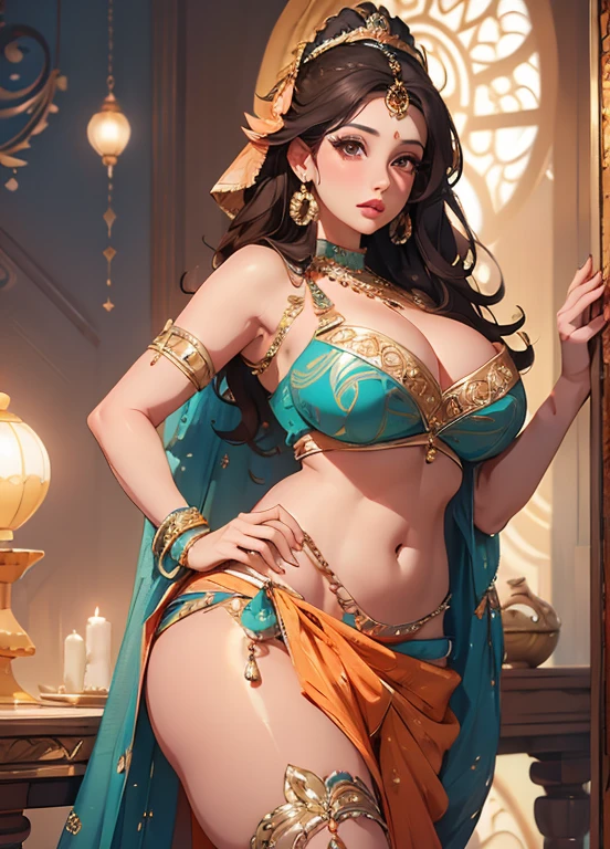 a woman in a sari posing for a picture, Bollywood goddess, traditional beauty, beautiful goddess, ornate cosplay, super model, beautiful maiden, gorgeous woman, provocative gorgeous beautiful woman, intricate outfit, hindu aesthetic, beautiful girl, extremely detailed goddess shot, jaw-dropping beauty, gorgeous face eyes nose lips body, big boobs deep cleavage sexy navel big hips, chubby girl, uhd 8K highest resolution highest quality, shiny skin, highly detailed, hyper realistic, thick girl, plus size model
