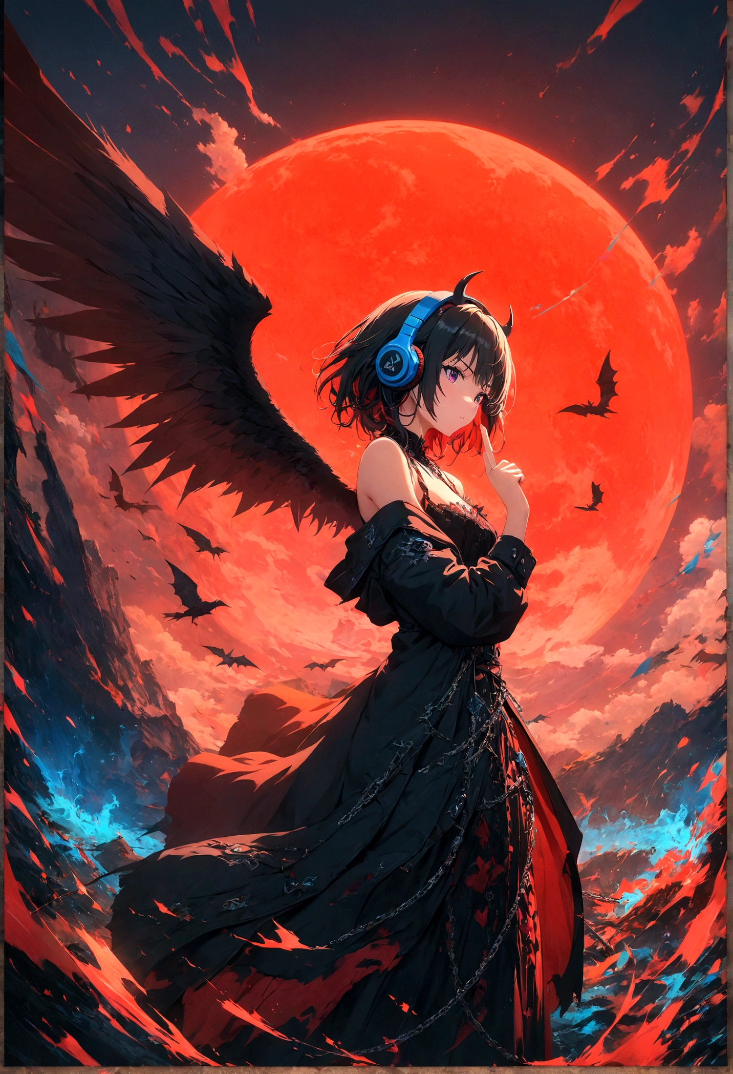4k anime wallpaper, 4k anime wallpaper, Anime Art Wallpapers 8K, 4K Anime Style, anime art wallpaper 4k, anime art wallpaper 4k, 4k anime wallpaper, Eugeo Art, Detailed digital anime art, ((masterpiece, highest quality)), (Complex Light), Perfect hands, Normal finger, Hyper Detail, Bright colors.Fantasy manga style demon beautiful girl, silver hair, short, headphones, half wearing dark long coat, off the shoulder, black wings, chain, red moon, otherworldly painting.