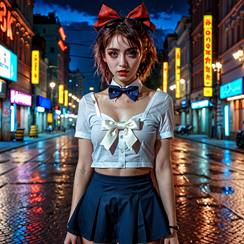 (8k, RAW photo, masterpiece:1.3), (realistic, photo-realistic:1.37), (night), (looking at viewer:1.331), (bloody hair), posing, Moscow street, nightcityscape, cyberpunk city, soft light, topless girl, extremely beautiful face, bust, put down hands, Random hairstyle, Random expression, big eyes, lower abdomen, (short-sleeved .JK_shirt), JK_style, (dark blue short JK_skirt), (bow JK_tie), mix4., best quality