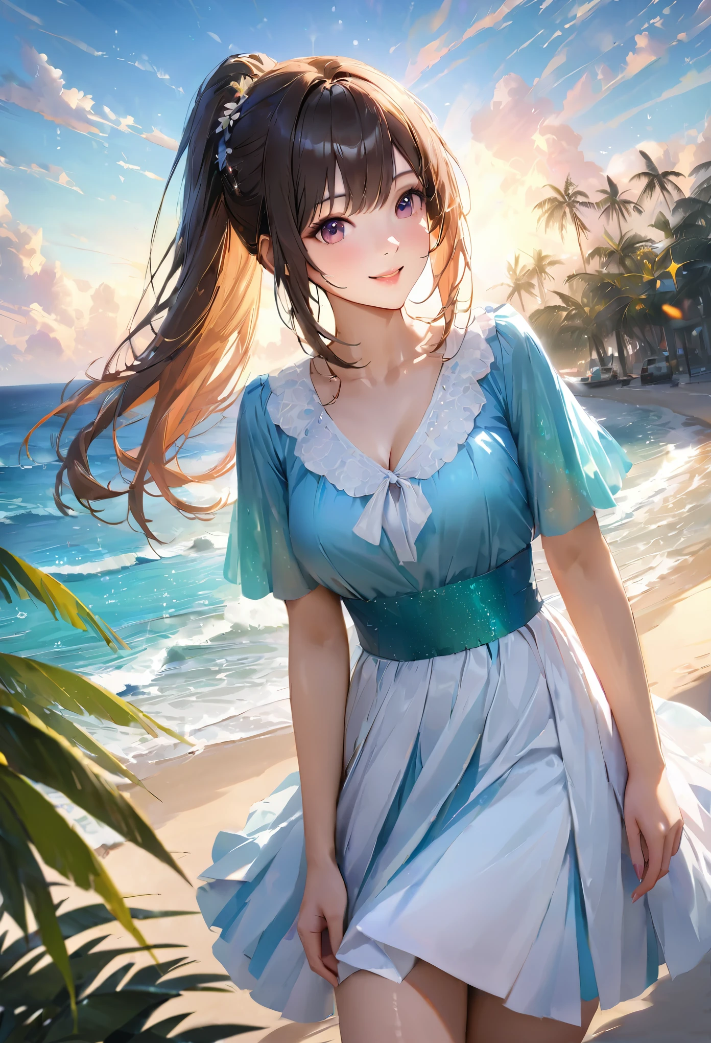 Sparkling sea and tropical ocean, Sunny sky with fluffy white clouds, Palm trees along the coast, Blur the background,Pleasant sea breeze,High school girls,ponytail,smile,Glitter effect,highest quality, 4K, 8k, High resolution, masterpiece:1.2, Very detailed, Realistic:1.37, High resolution, 超High resolution, Ultra-fine painting, Sharp focus, Physically Based Rendering, Very detailedな説明, Professional, Vibrant colors