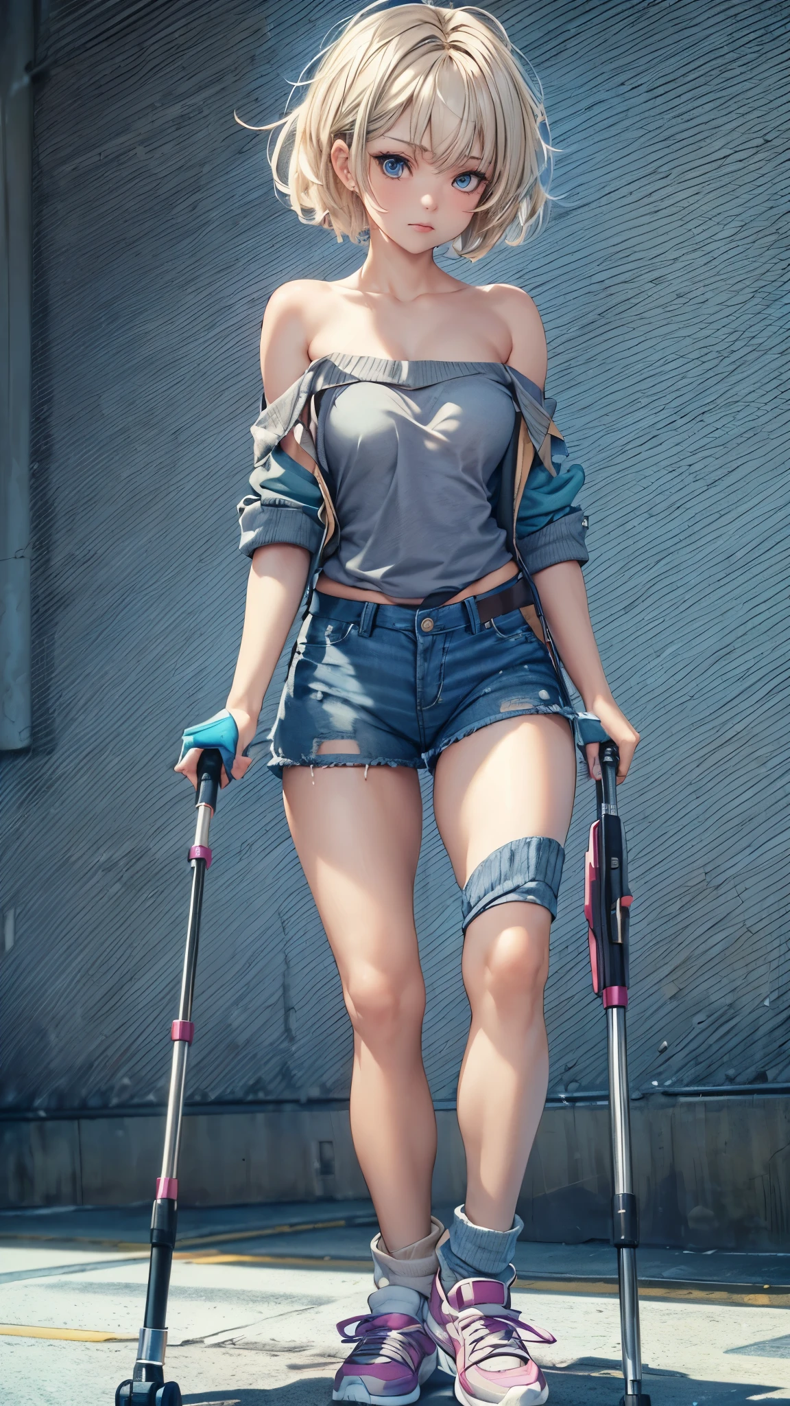 (Super detailed, realistic), streets scene, [Moderately:Oil], [Professional:1.1], [Physically based rendering], [bright colors], [sharp focus], [studio lighting], [extreme details], [highest quality,4k,8K,High resolution,masterpiece:1.2],(detailed face),outside the streets,((One 18-year-old woman)),(short blonde hair mixed  blue color),(dark),(painful),(disgusting),[nervous eyes],(casual ladies fashion,off shoulder,denim shorts,fishnet pantyhose),((loose socks,sneakers)),(gloves,knee pads),((she walks on crutches,the crutches’s length are from armpit,the crutches are putting on her side)),((her legs are inner side)).