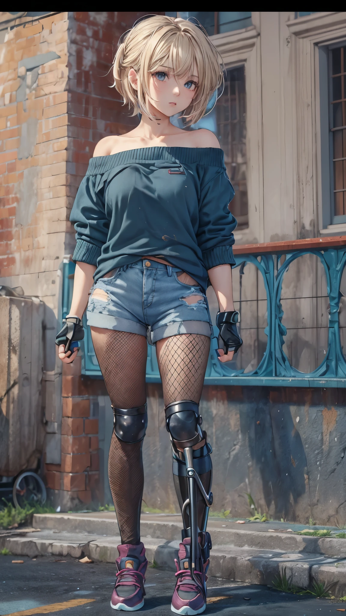 (Super detailed, realistic), streets scene, [Moderately:Oil], [Professional:1.1], [Physically based rendering], [bright colors], [sharp focus], [studio lighting], [extreme details], [highest quality,4k,8K,High resolution,masterpiece:1.2],(detailed face),outside the streets,((One 18-year-old woman)),(short blonde hair mixed  blue color),(dark),(painful),(disgusting),[nervous eyes],(casual ladies fashion,off shoulder,denim shorts,fishnet pantyhose),((loose socks,sneakers)),(gloves,knee pads),((she walks on crutches,the crutches’s length are from armpit,the crutches are putting on her side)),((her legs are inner side)).