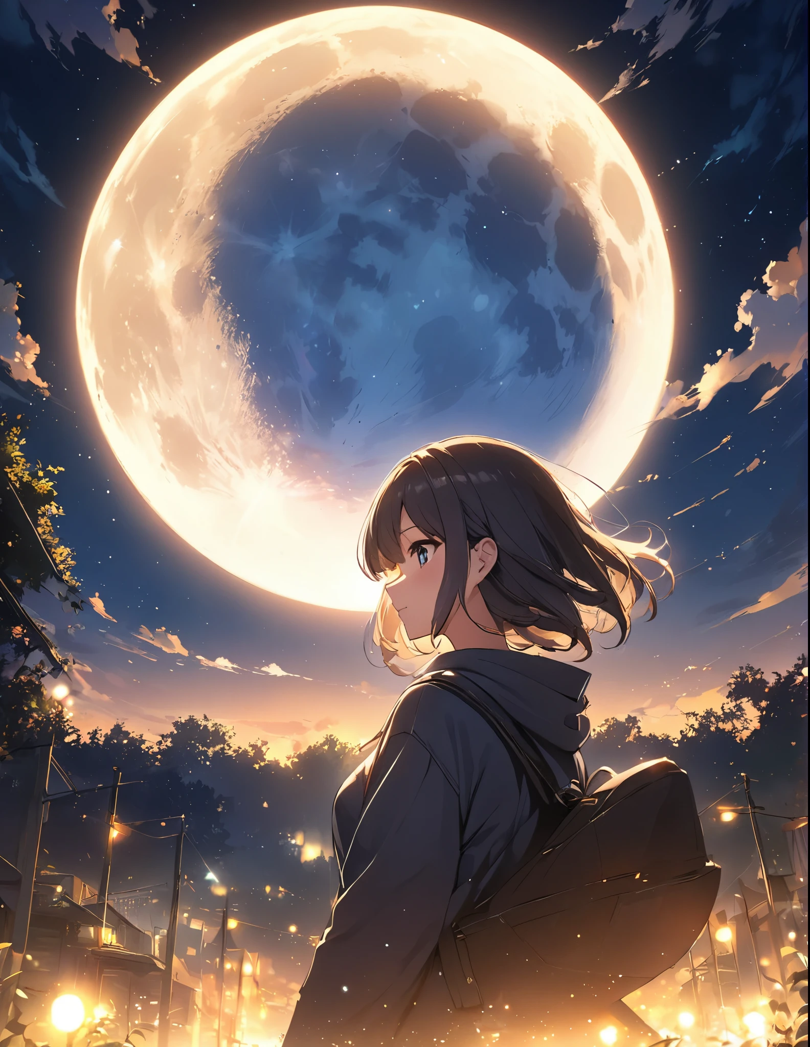 (masterpiece:1.2),(anime),Big moon in the background、Night Sky、Girl watching the moon、cute、The girl is illuminated by the moonlight、Fantastic works、Light effects