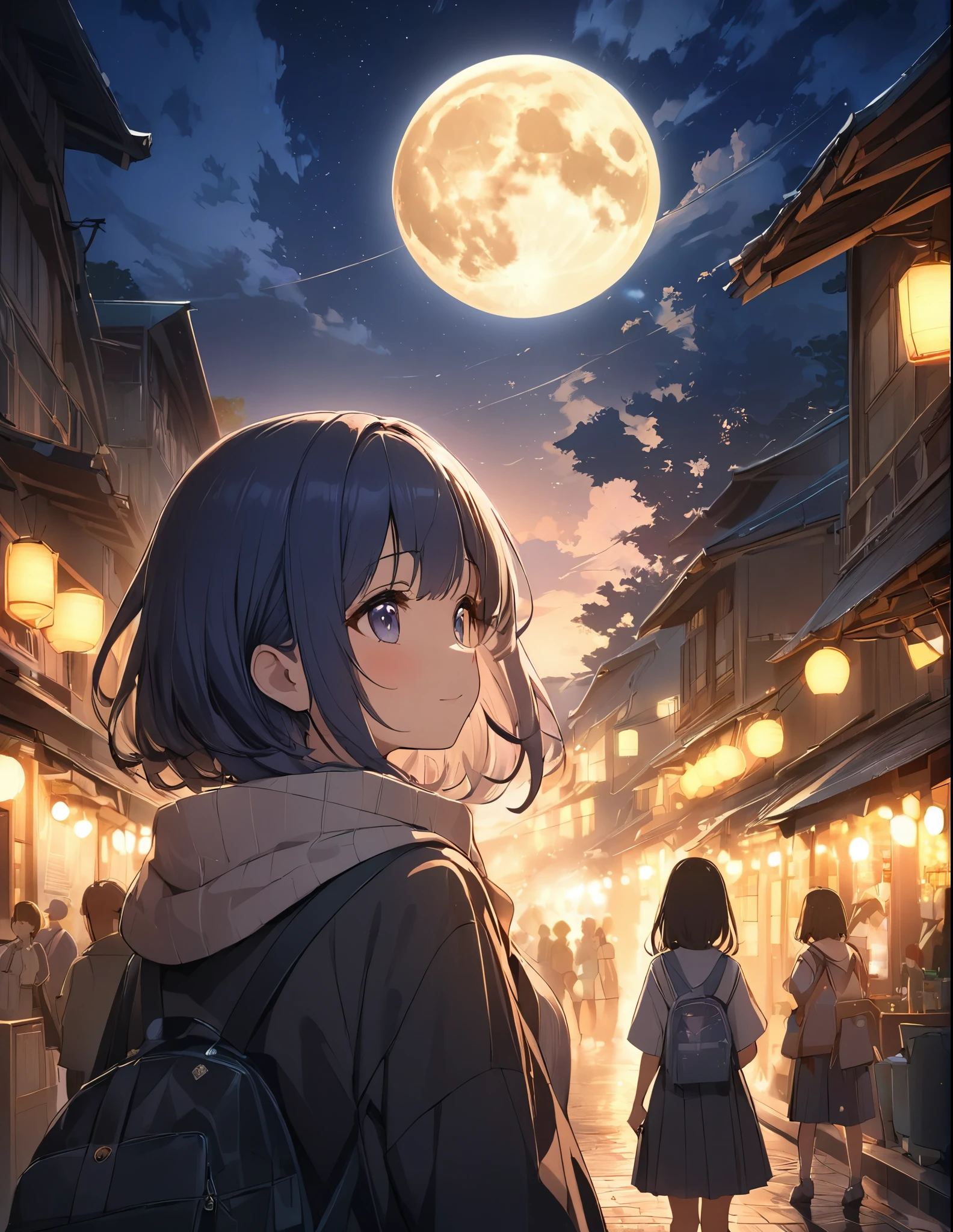 (masterpiece:1.2),(anime),Big moon in the background、Night Sky、Girl watching the moon、cute、The girl is illuminated by the moonlight、Fantastic works、Light effects