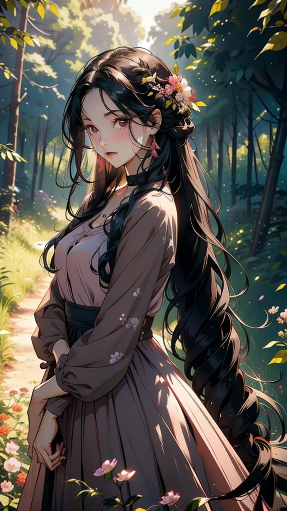 Beautiful black-haired girl with brown and long hair in pink dress in a plain forest of flowers photo shoot