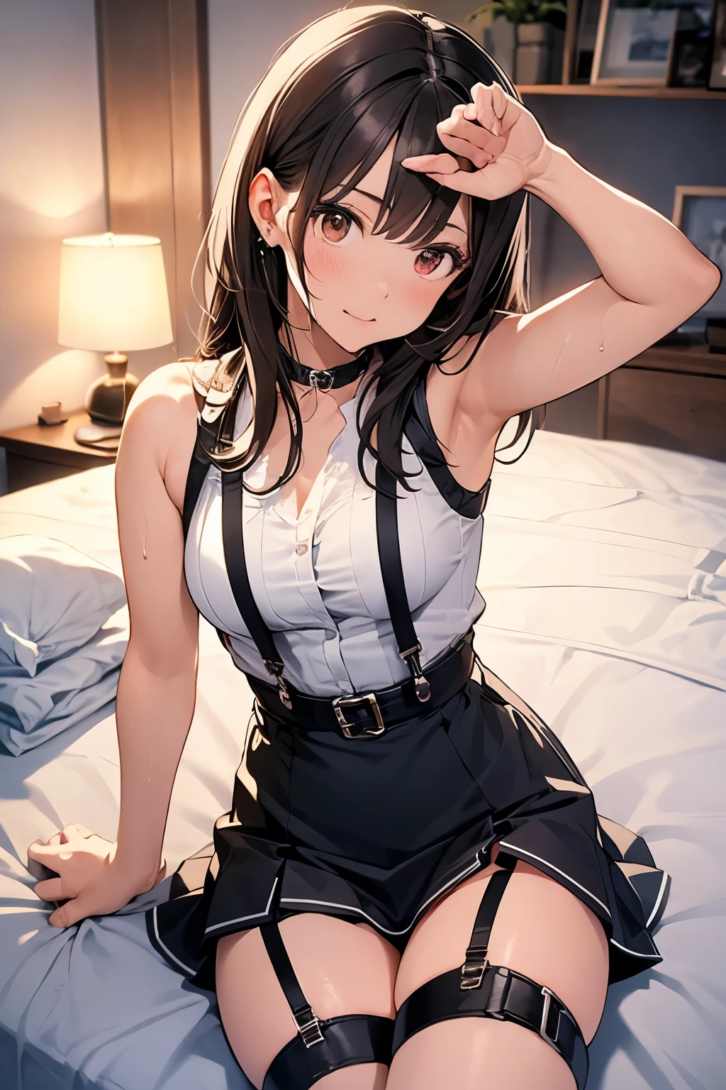 Gazing at the audience Black suspenders bulging big breasts wall mini skirt garterbelt garter vision Small face holster Beautiful woman Show me your hands Lying in bed vision Taunt ~ side ~ side汗 arm belt summer Armpit sweat