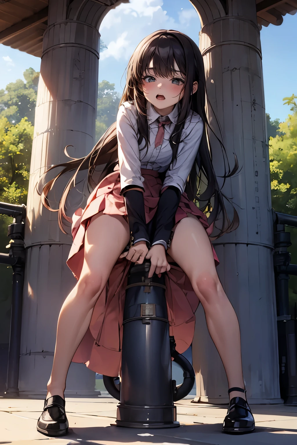 drooping eyes, ecstasy, sleepy face, (((blush, hit her crotch against the pipe))), (((hide crotch with a long skirt))), open legs, orgasm, outside,