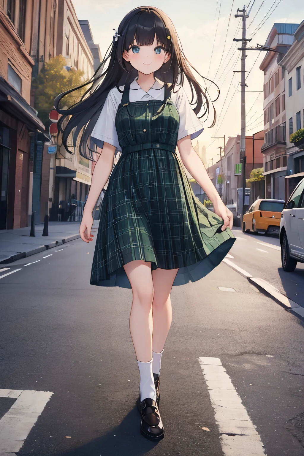 (masterpiece, best quality:1.6), cute eyes, beautiful eyes, ultra detailed face, beautiful face, raw photo, incredibly absurdres, cinematic lighting, highres, sharp focus, highest detailed, 
BREAK 1girl, long hair, black hair, straight hair, blunt bangs, seductive smile, 
wearing short sleeve A-line sundress with mint green and black tartan check print, U-neck, socks, shokes, 
BREAK outdoor, walking on the street, 

