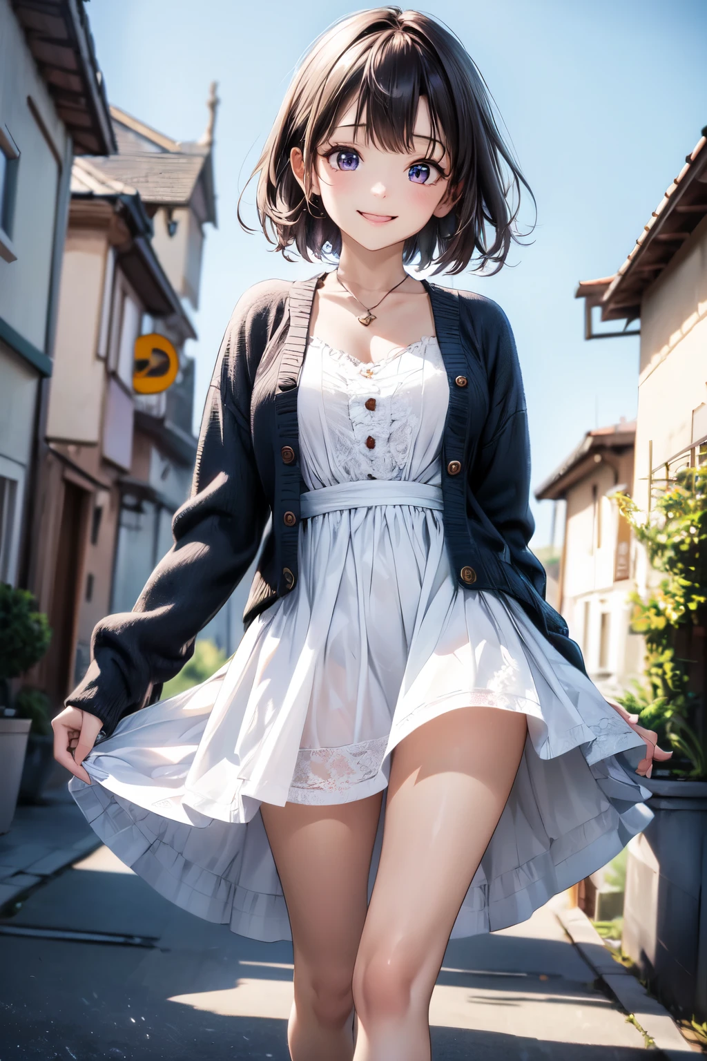 very cute and beautiful girl,(highly detailed beautiful face and eyes),
frilled white summer dress with detailed lace,(navyblue cardigan),standing,
road side of seaside town street,harbor,marina,beautiful summer sky,
(smile:1.25),happy,black hair,mid shot,holding cute fashion bag,detailed legs,
(best quality,masterpiece),absurdres,highres,ultra-detailed,extremely detailed,32k,8k resolution,
intricate details,cinematic scene,detailed background,solo,dynamic angle,
