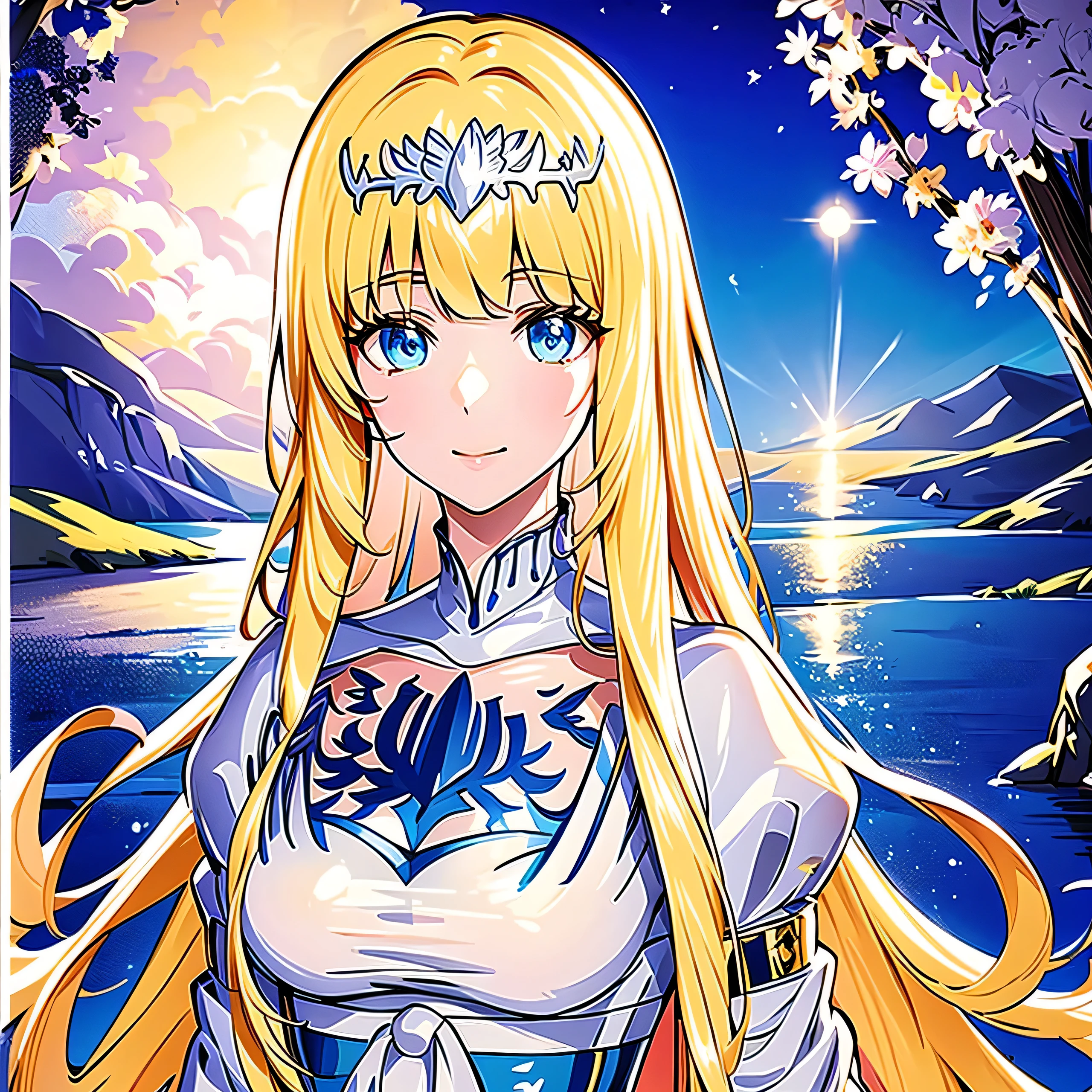 Lily-inspired Aster Pieces, highest quality)), High resolution, 8k, Cinematic Light, High Contrast, Written boundary depth, Strong brilliance, Detailed Background, Shining Eyes, Detailed Iris, 1girl, solo, Calca, Calca Bessarez, blonde hair, extremely long hair, (very long hair:1.3), white tiara, , white dress, blue eyes, medium chest,