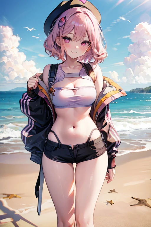 A pink haired female reaper with violet eyes and an hourglass figure in a small bandeau and short shorts is posing on the beach with a blush and a smile