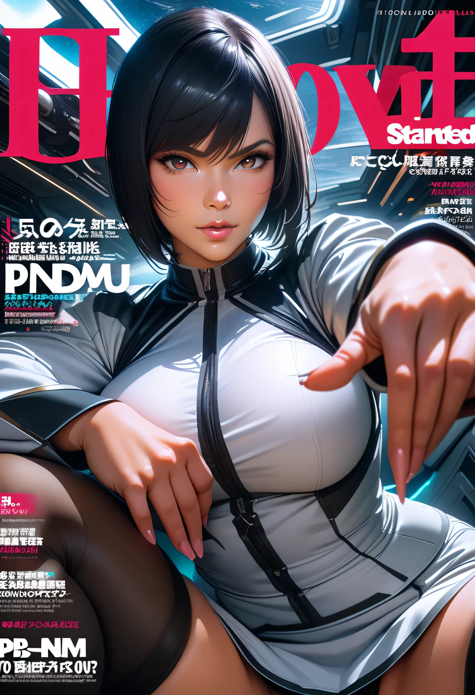 mature female,perfect hands, perfect finger,perfect anatomy, masterpiece, best quality,realistic, hyperrealistic, 16k hdr,  pbNaomi, tan,blue and white uniform, long sleeves, white ultra miniskirt, large breasts, black thighhighs,(dark blue hair, bobcut)  ,in space ship ,gorgeous panty,dynamic pose,from below,(magazine cover,bold text:1.2),sexy pose,spread legs