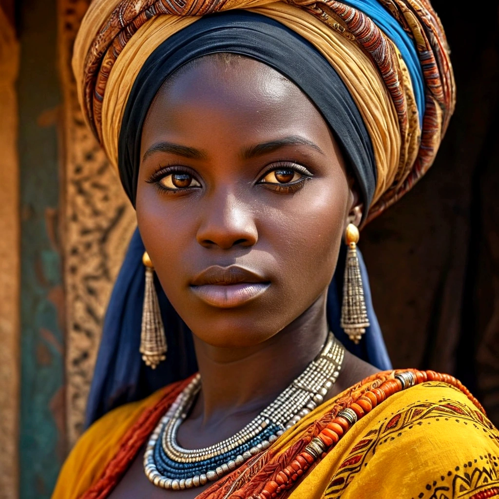 close-up of arab black African Hausa WOMAN of ancient times, very realistic , cheveux noirs avec turban, Texture naturelle de la peau, 24 mm, Textures 4k, soft cinematic light, Photo brute, photorealism, photoreallistic, complexe, elegant, highly detailed, mise au point nette, ((((((cinematic look)))), tons doux, insane detail, Intricate details, hyperdetailed, Faible contraste, soft cinematic light, couleurs sombres, exposure blend, Hdr, faded An image of a stunning black woman depicted in vibrant colors and patterns, celebrating her African heritage. The artwork showcases intricate details and bold brushstrokes, capturing the essence of her beauty and radiance. The image is ideal for a contemporary and culturally inspired wall art piece. oil portrait painting of a young very beautiful hausa woman, in front of a market, rich colorful clothes, turban and golden hausa jewelry, close up, regal pose and attitude