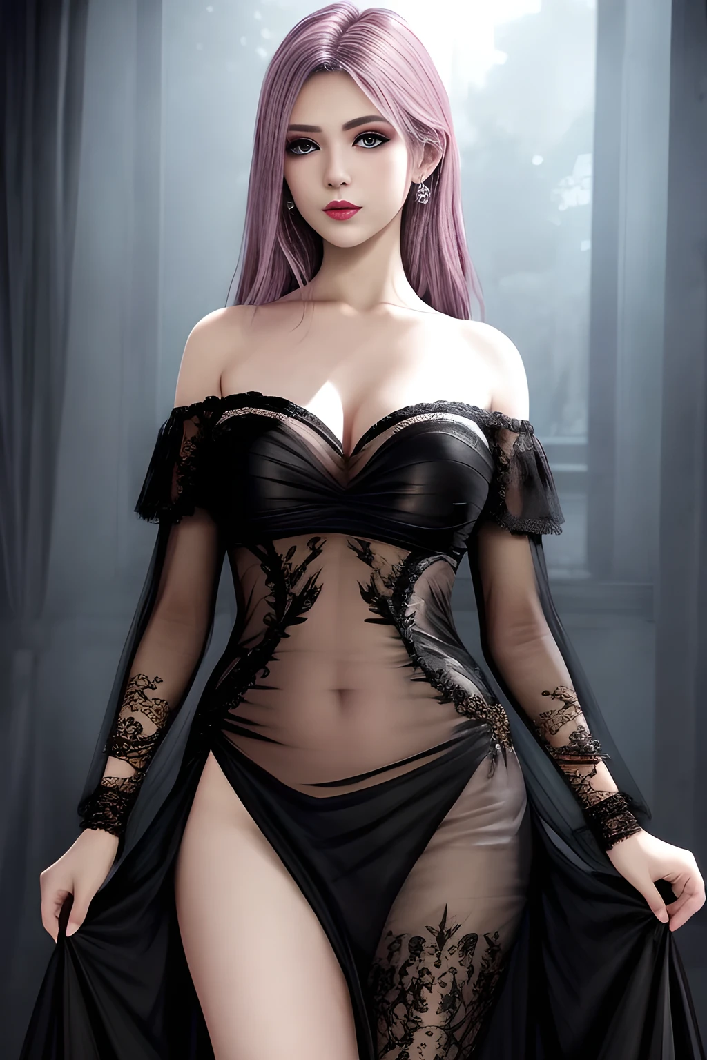 1girl, long sleeves, black dress, off shoulder, bare shoulders, long dress, (see-through), tulle dress,beautiful detailed eyes, beautiful detailed lips, extremely detailed eyes and face, long eyelashes, best quality, 4k, 8k, highres, masterpiece, ultra-detailed, realistic, photorealistic, photo-realistic, ethereal glow, regal elegance, intricate details, luxurious, otherworldly beauty, dark atmospheric background, supernatural aura, elise,