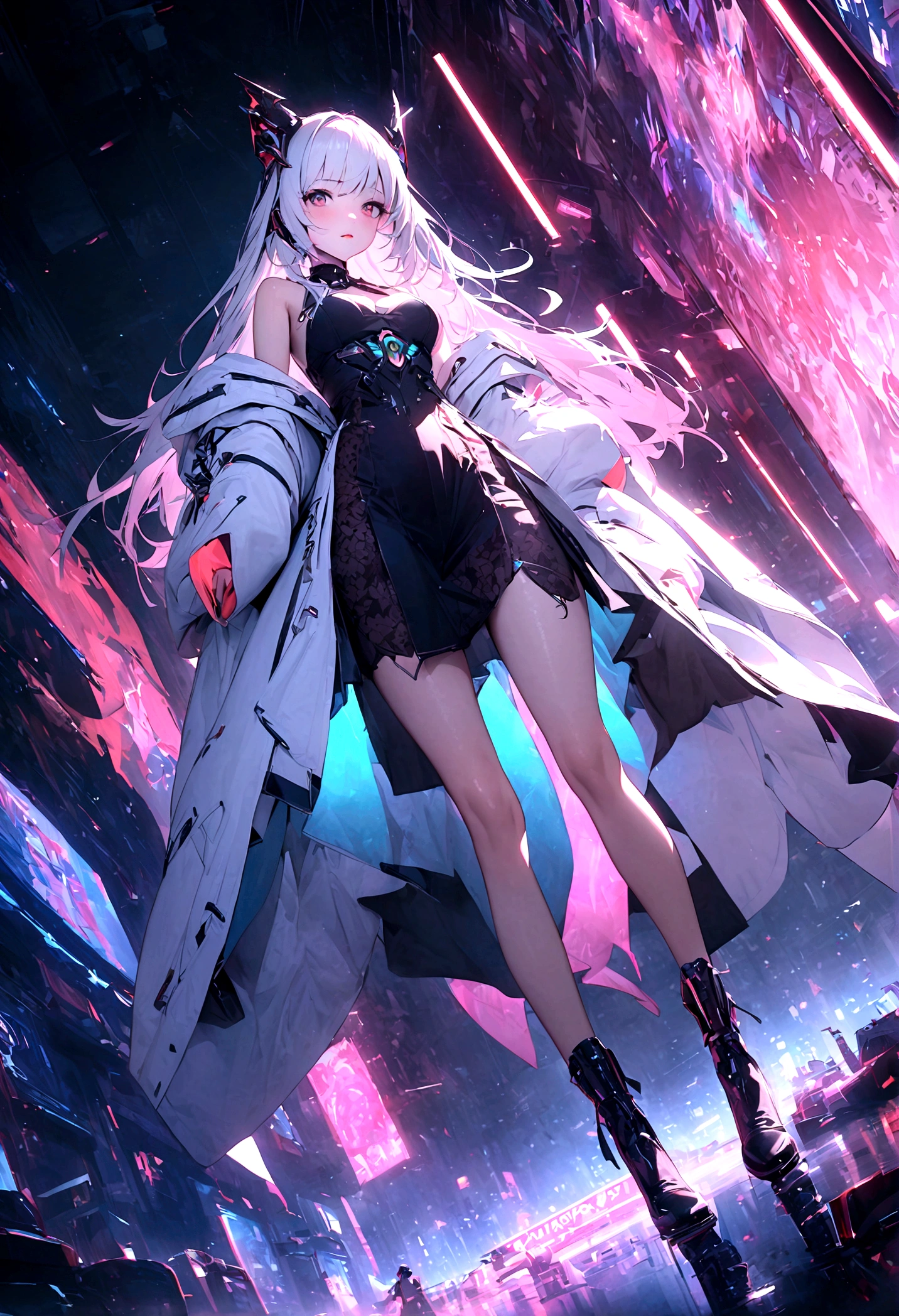 masterpiece,highest quality,High resolution, 1 girl,From below,(The legs are very thin and straight)，,(Very Long legs，straight legs),Black Silk,Valentino high heels,Long legs,stand up, Leg length seen From below,White Interior Library， slimなウエストの完璧なボディ,have perfect legs,(Thin appearance，Beautiful appearance)，whole body love，Cyberpunk characters，Dynamic pose，slim waist seen From below，Pink ripe big ass，1 girl，Beautiful Eyes，Brown eyes，eye shadow，compensate，Long white hair， Detailed face， Delicate eyes， Looking at the audience， blush\（compensate\）， Fuller lips， Red lips，（Long white hair：1.3）， （stand up）Mechanical static electricity，Machine Summoning，(hair accessory:1.1)，headgear，chinese garment，Super short cheongsam，online hanfu，White coat，city，luminous winding，Glowing Butterfly，Cyberpunk Ramp:1.1)，neon，Fully mechanical and futuristic elements，technology，背景是一條中國傳統的street，Chinatown， street， Sky Sky， Cyberpunk characters， Lantern， neon Super Resolution，（reality：1.3），1（slim：1.2），Dramatic lighting，Vivid details，Luxury Cyberpunk，Complex background，Octane Rendering，Paintings from birds&#39;S-Eye View 8K,極為細緻的CG單元wallpaper, masterpiece,High resolution,highest quality,highest quality real texture skin,Surrealism,提High resolution,RAW Photos,highest quality,Very detailed,wallpaper,Cinema Lighting,Ray Tracing,Golden Ratio\),Dynamic Angle，The painting explodes, Art Station, Concept Art, Smooth, Clear focus,