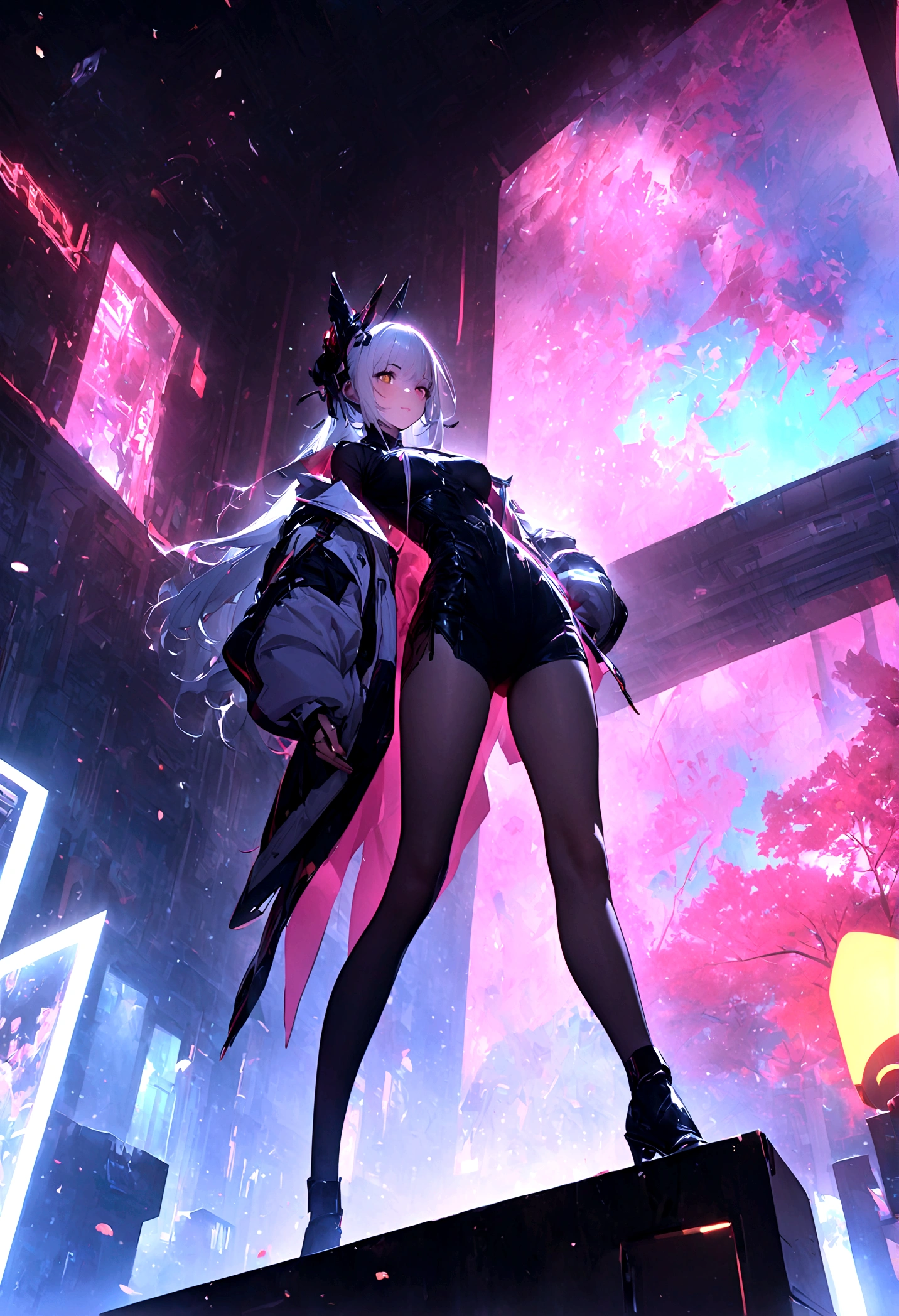 masterpiece,best quality,high resolution, 1 Girl,from below,(The legs are very thin and straight),,(Very long legs,Straight Legs),,High heel,long legs,stand up, Leg length when viewed from the front, Perfect body,Have perfect legs,(Exterior),Full Body Love,cyberpunk characters,dynamic poses,1 Girl,Exquisite eyes,Brown eyes,Eyeshadow,make up,Long gray hair, Detailed face, delicate eyes, Looking at the audience, blush\(make up\), Plump lips, Red lips,(Long gray hair:1.3), (stand up)Mechanical static,Machine Summoning,(Hair accessories:1.1),Headgear,Chinese clothing,On cheongsam,Online Hanfu,White Coat,City,Luminous winding,glowing butterfly,cyberpunk lamp:1.1),Neon,Fully mechanical and futuristic elements,science and technology,背景是一條中國傳統的street,China Town, street, sky sky, cyberpunk characters, Paper lanterns, Neon Super Resolution,(Reality:1.3),1(Slim:1.2),Dramatic Lighting,Vibrant details,Luxury Cyberpunk,Complex background,Octane Rendering,Drawing from a bird's-eye view of a person 8K,極為細緻的CG單元wallpaper, masterpiece,High resolution,top-quality,top-quality real texture skin,Surrealism,提high resolution,RAW photos,Best quality,Very detailed,wallpaper,movie lighting,Ray Tracing,Golden Ratio\),Dynamic angle,Painting explodes, art station, concept art, Smooth, Clear focus,