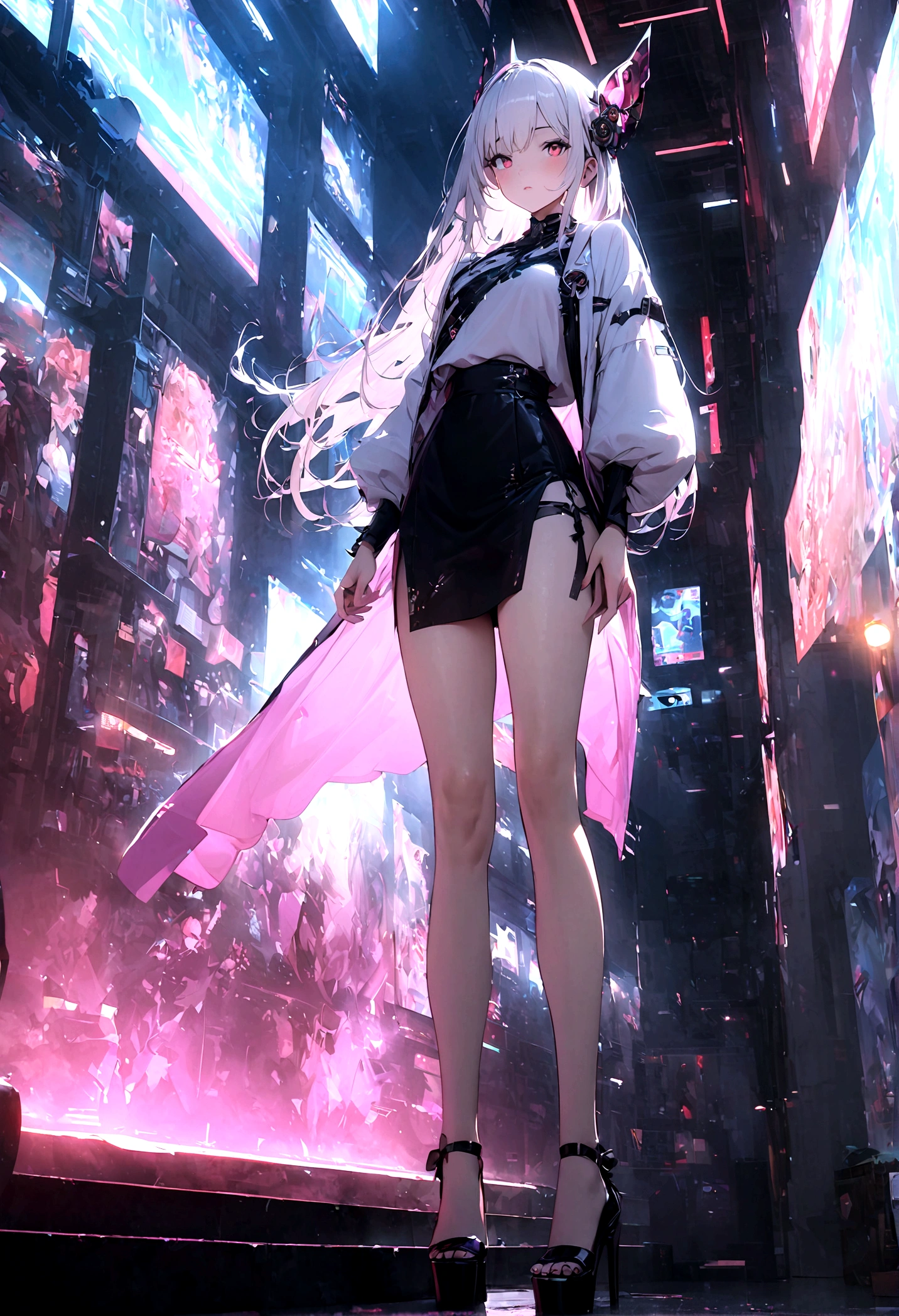 masterpiece,highest quality,High resolution, 1 girl,From below,(The legs are very thin and straight),,(Very Long legs,straight legs),Black Silk,Valentino high heels,Long legs,stand up, Leg length seen From below,White Interior Library, slimなウエストの完璧なボディ,have perfect legs,(Thin appearance,Beautiful appearance),whole body love,Cyberpunk characters,Dynamic pose,slim waist seen From below,Pink ripe big ass,1 girl,Beautiful Eyes,Brown eyes,eye shadow,compensate,Long white hair, Detailed face, Delicate eyes, Looking at the audience, blush\(compensate\), Fuller lips, Red lips,(Long white hair:1.3), (stand up)Mechanical static electricity,Machine Summoning,(hair accessory:1.1),headgear,chinese garment,Super short cheongsam,online hanfu,White coat,city,luminous winding,Glowing Butterfly,Cyberpunk Ramp:1.1),neon,Fully mechanical and futuristic elements,technology,背景是一條中國傳統的street,Chinatown, street, Sky Sky, Cyberpunk characters, Lantern, neon Super Resolution,(reality:1.3),1(slim:1.2),Dramatic lighting,Vivid details,Luxury Cyberpunk,Complex background,Octane Rendering,Paintings from birds'S-Eye View 8K,極為細緻的CG單元wallpaper, masterpiece,High resolution,highest quality,highest quality real texture skin,Surrealism,提High resolution,RAW Photos,highest quality,Very detailed,wallpaper,Cinema Lighting,Ray Tracing,Golden Ratio\),Dynamic Angle,The painting explodes, Art Station, Concept Art, Smooth, Clear focus,