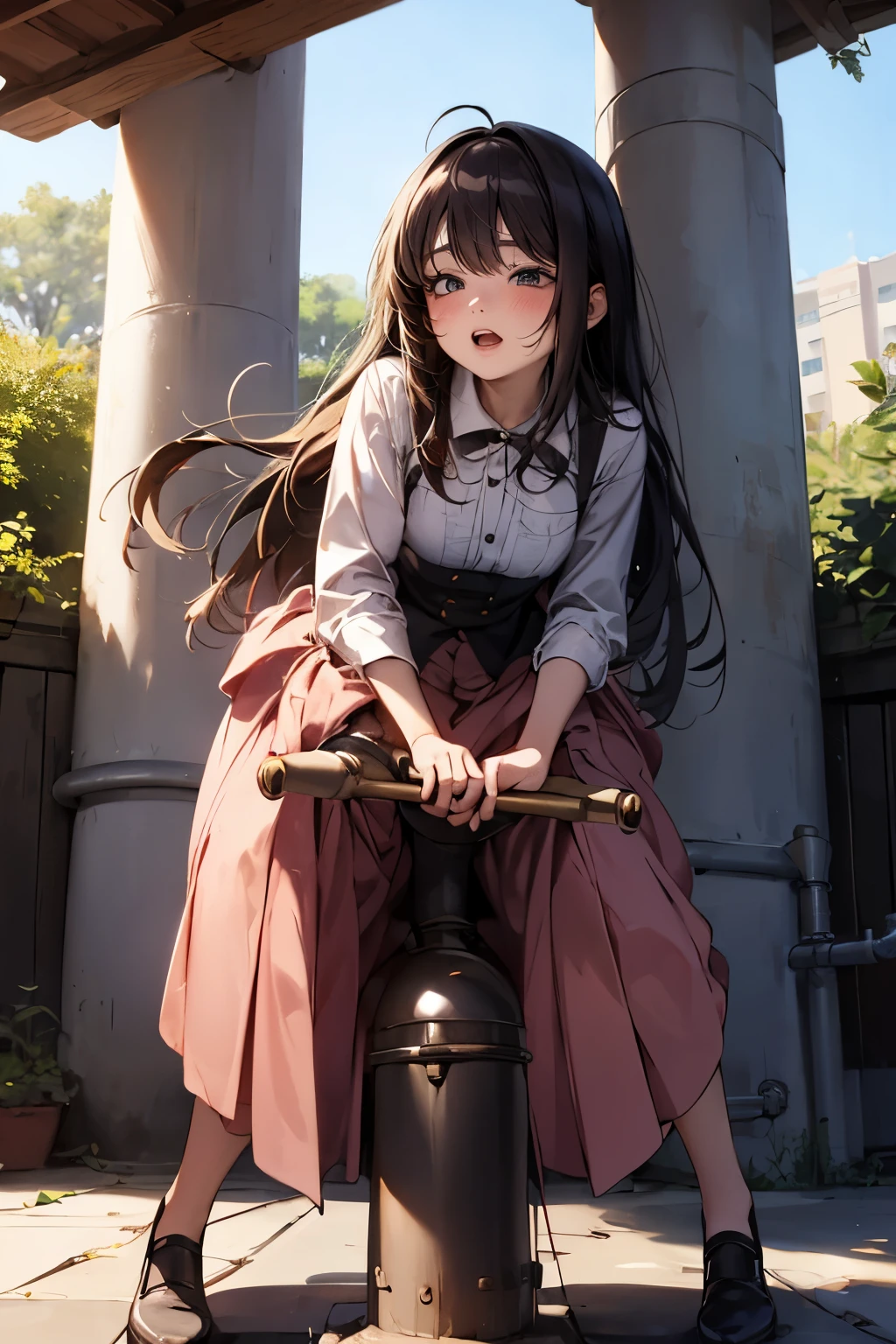 drooping eyes, ecstasy, sleepy face, (((blush, hit her crotch against the pipe))), (((hide crotch with a long skirt))), open legs, orgasm, outside,