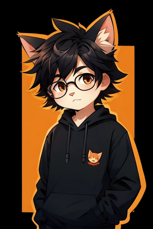 young male cat, cute cat wearing glasses, cat with messy hair, black hair, cat in a black sweatshirt without print, hands inside sweatshirt, Q printmaking style, black background, anime style, front view